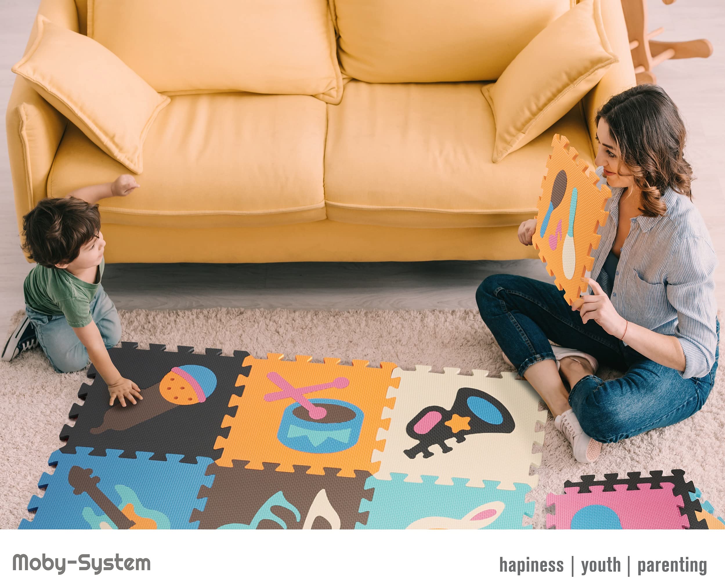 Moby-System Alfombra con rompecabezas para bebés, 90 cm x 90 cm x 1 cm, alfombra de juego, inodora, grande, para niños y niñas, sin sustancias nocivas