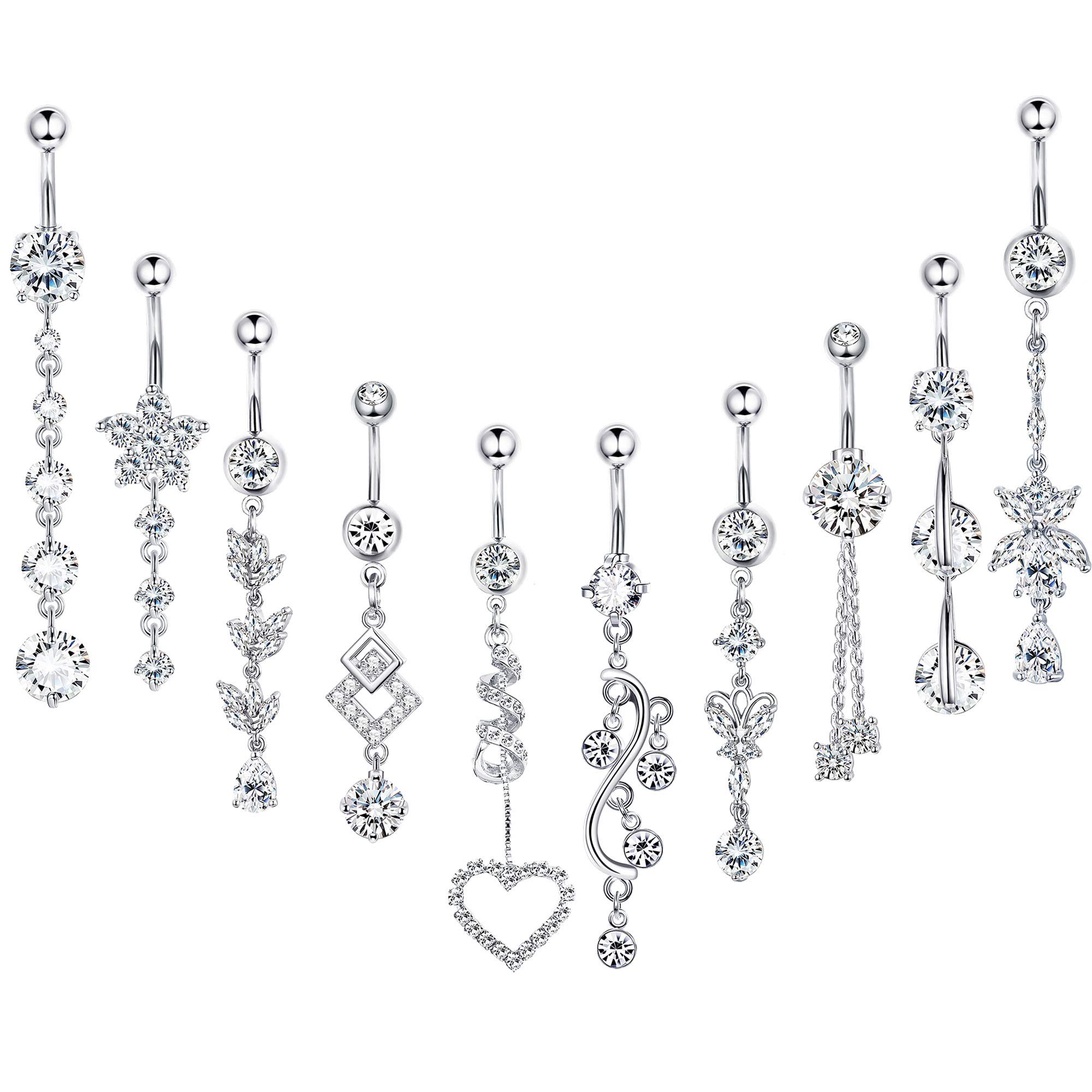 THUNARAZ 10 anillos de ombligo de 14 g de plata de oro rosa de acero inoxidable ombligo CZ con incrustaciones de joyería de piercing corporal