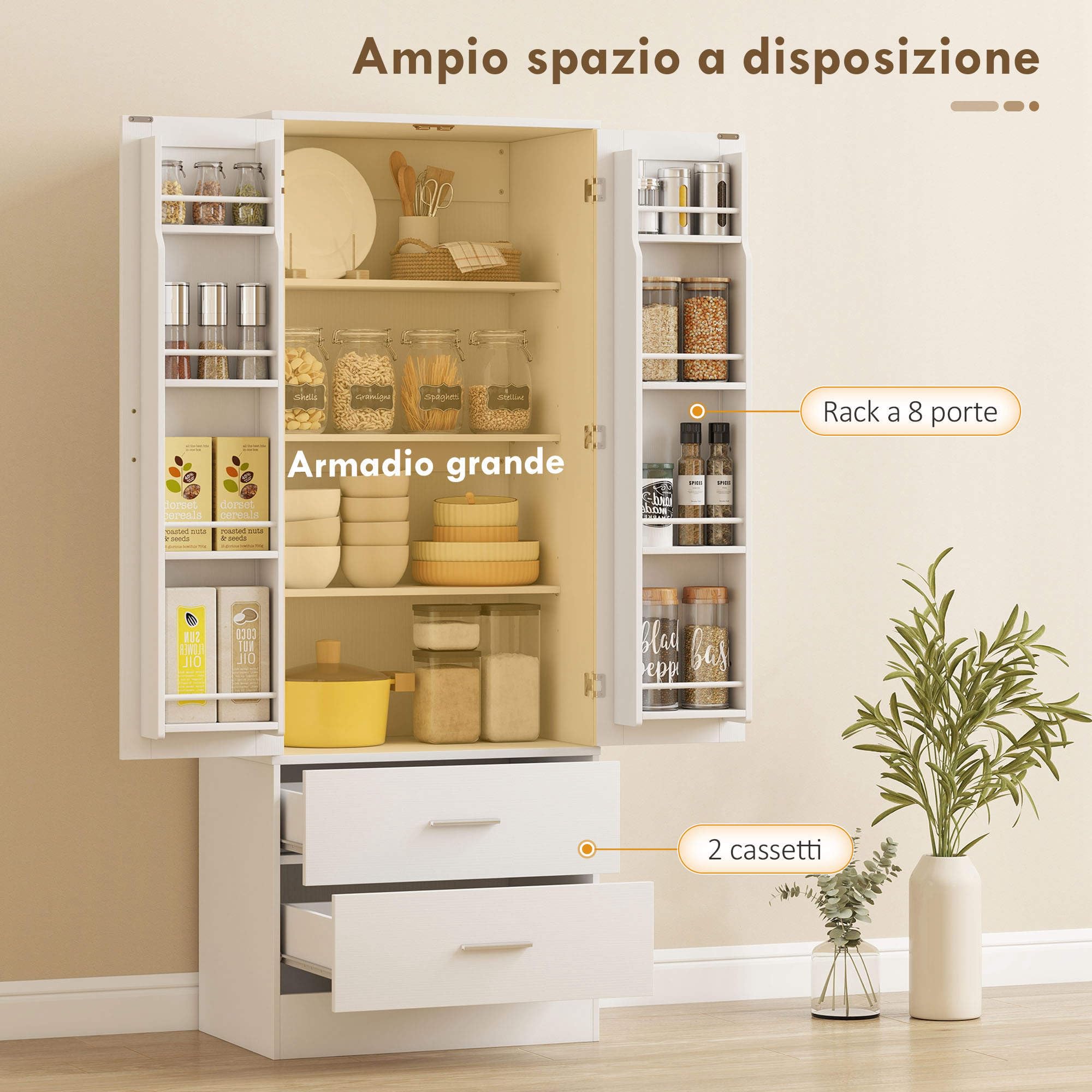 HOMCOM Credenza Cucina Alta 159 cm, Mobile Cucina con 8 Portaspezie sulla Porta, 2 Ante e 2 Cassetti, Mobile Dispensa Moderno con Ripiani Regolabili, per Sala da Pranzo, Soggiorno, Bianco