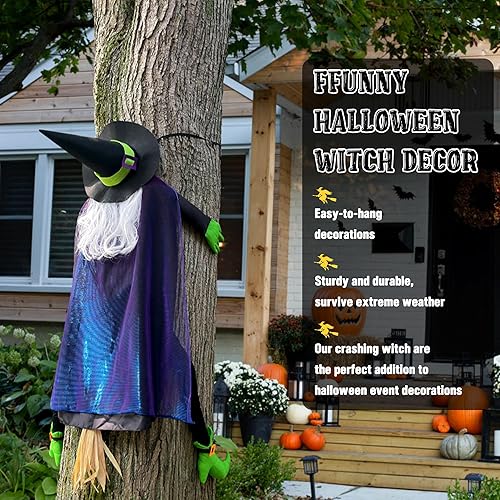 Miniatura 5 de POPGIFTU Bruja grande de 64 pulgadas que se estrella en el árbol, decoración de Halloween al aire libre  Divertido accesorio de bruja voladora para