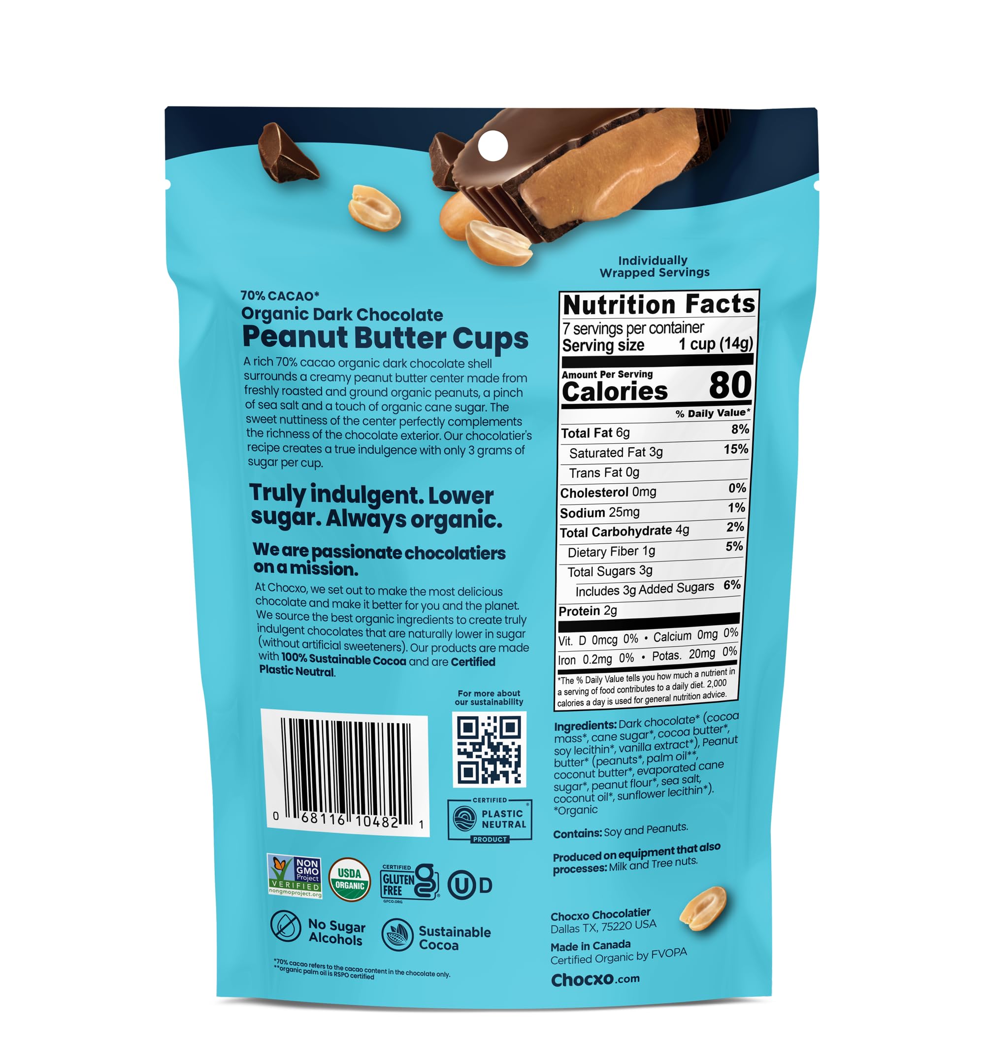 Chocxo Peanut Butter Cups Dark Chocolate 70% Organic 3.45 Ounce