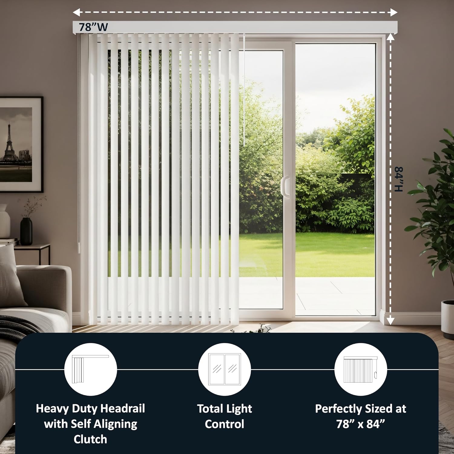 Vertical Blinds For Sliding Glass Doors - Size 78" W X 84" H - Color White - Durable Blackout PVC Vinyl Sliding Door Blinds -Upgraded Self Aligning Track for Full Privacy - Includes Valance & Hardware