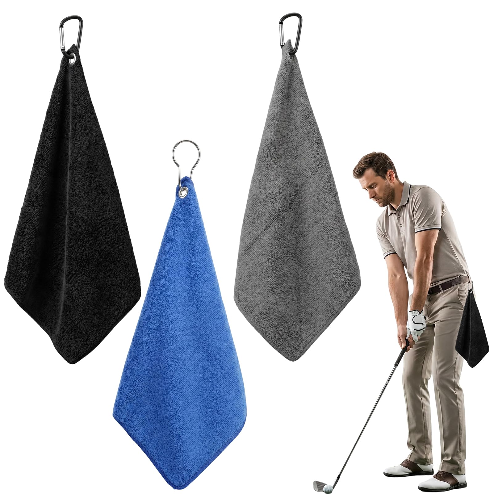 3 Pack Golf Towels for Golf Bags with Clip, Microfiber Golfs Towel