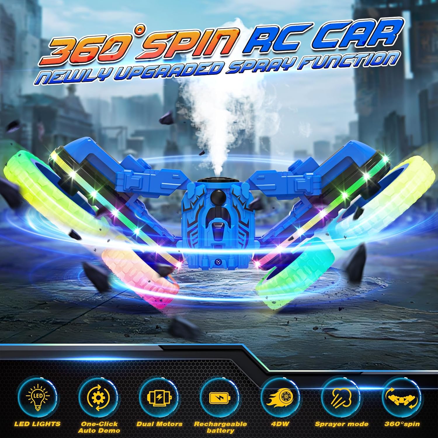 Remote Control Car,RC Cars with Sides Light and Headlights,360°Rotating 4WD Spray RC Stunt Car,2.4Ghz All Terrain Toy Car for Boys Age 4-7 Kids Toy for 8-12 Boys Girls Birthday Gift(Blue) image 2 of 7 B0CZHDFSQR