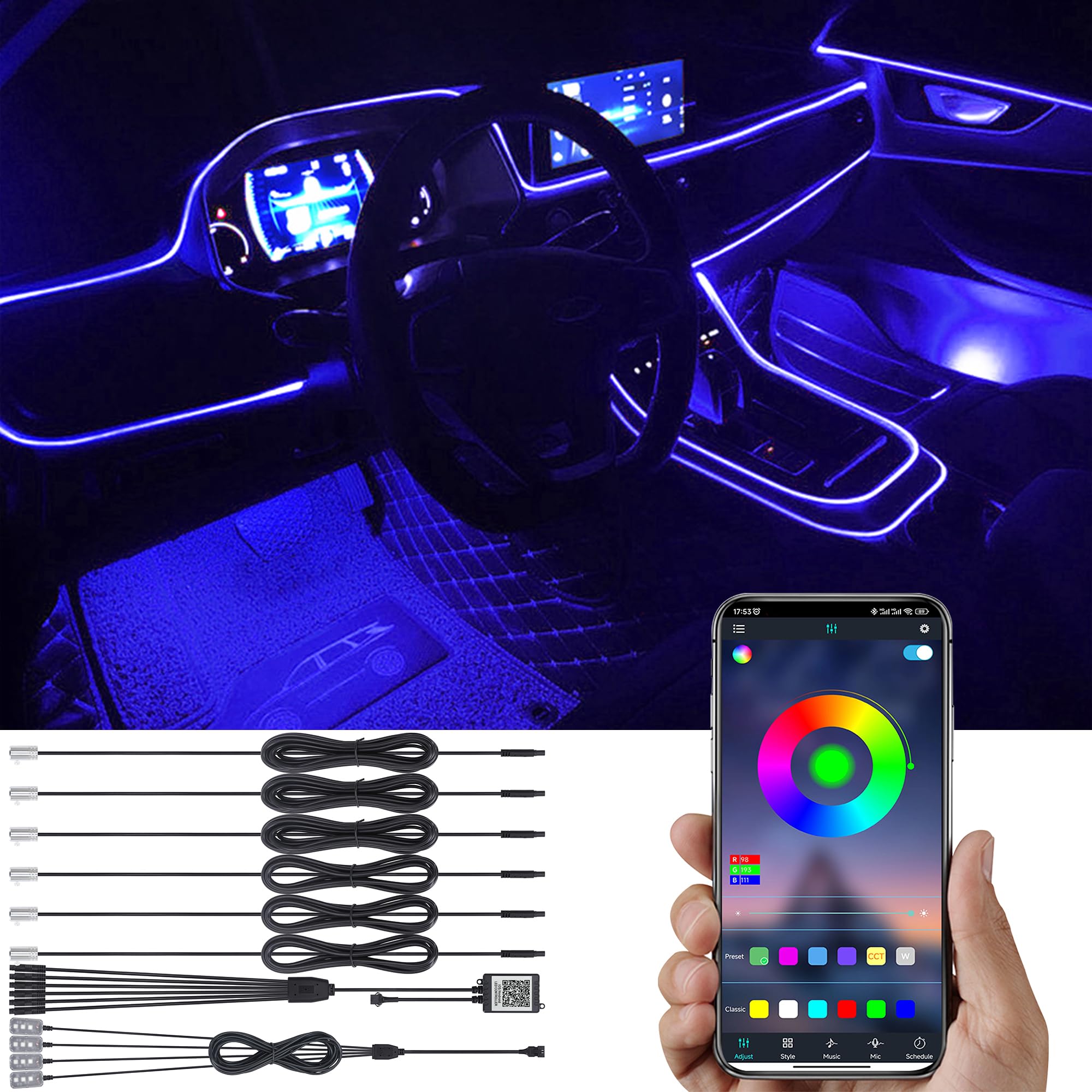 TABEN Luz Ambiental del Coche RGB Control Remoto + App Control Lámpara de luz Decorativa Montaje de Bricolaje Tubo de Fibra óptica Flexible 64 Colores Iluminación Interior Atmósfera Luz 1W DC 12V 8m
