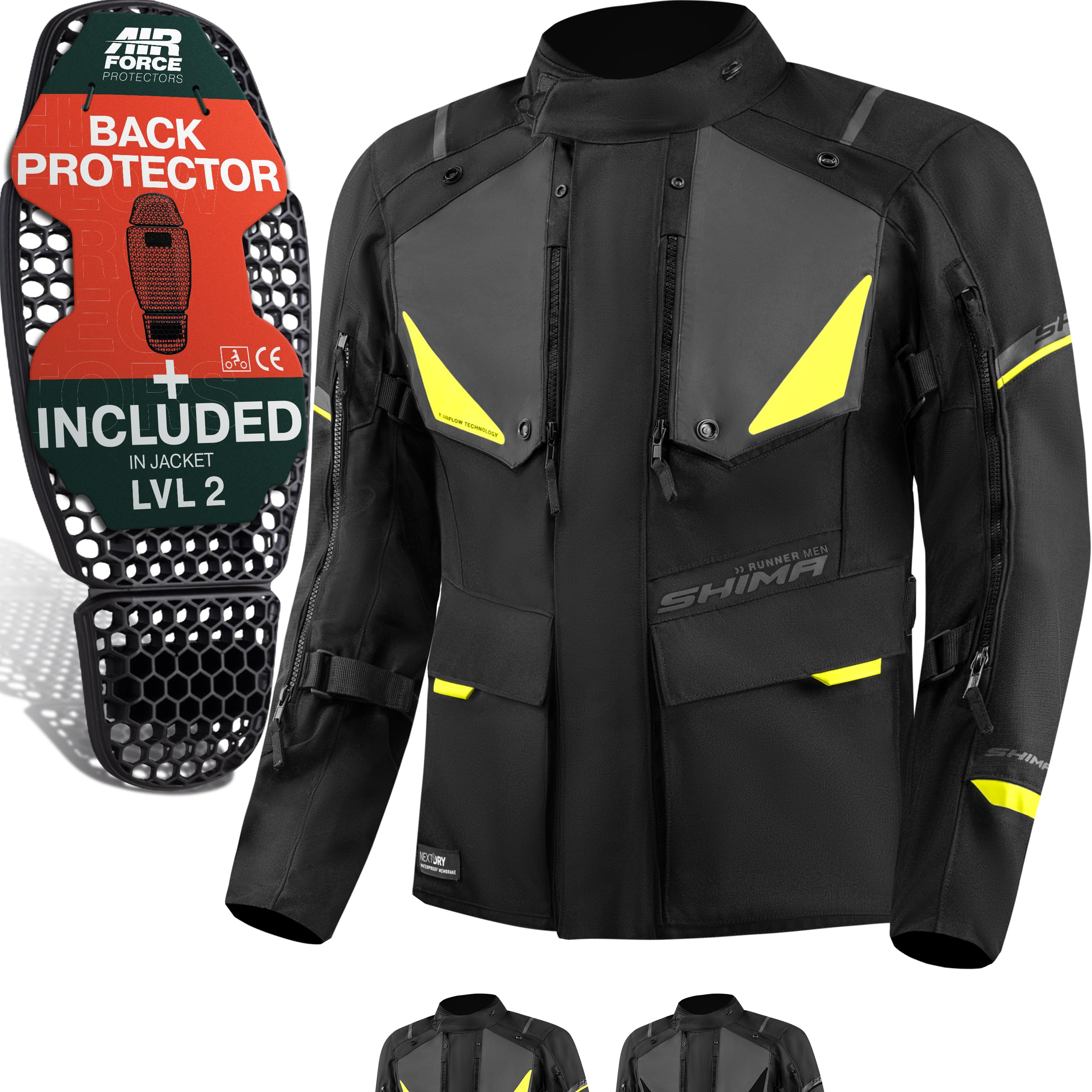 SHIMA RUNNER Veste Moto Homme Homologué AIRFORCE Dorsale Blouson Armure Protecion Vestes Imperméable Textile Vetement Hiver Ete Touring Motos Aventure équipements (Hommes, Fluo, XL)