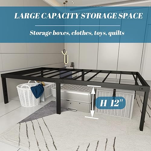 Miniatura 6 de Marco de cama tamaño individual de 14 pulgadas, plataforma de metal de alta resistencia, base de colchón de listones de acero resistente, con