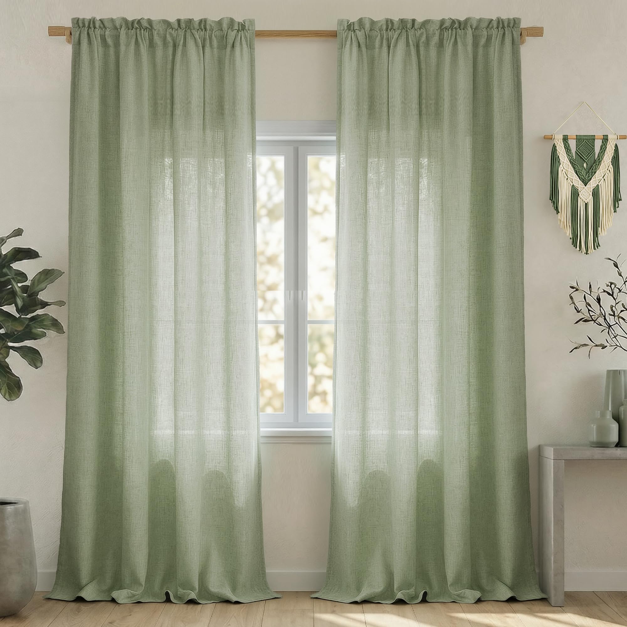 Mrs.Naturall 108 Inch Sage Green Linen Curtains for Living Room, Light Filtering 9FT Long Boho Cottage Core Rod Pocket Drapes for Bedroom 2 Panel Set 52x108 in