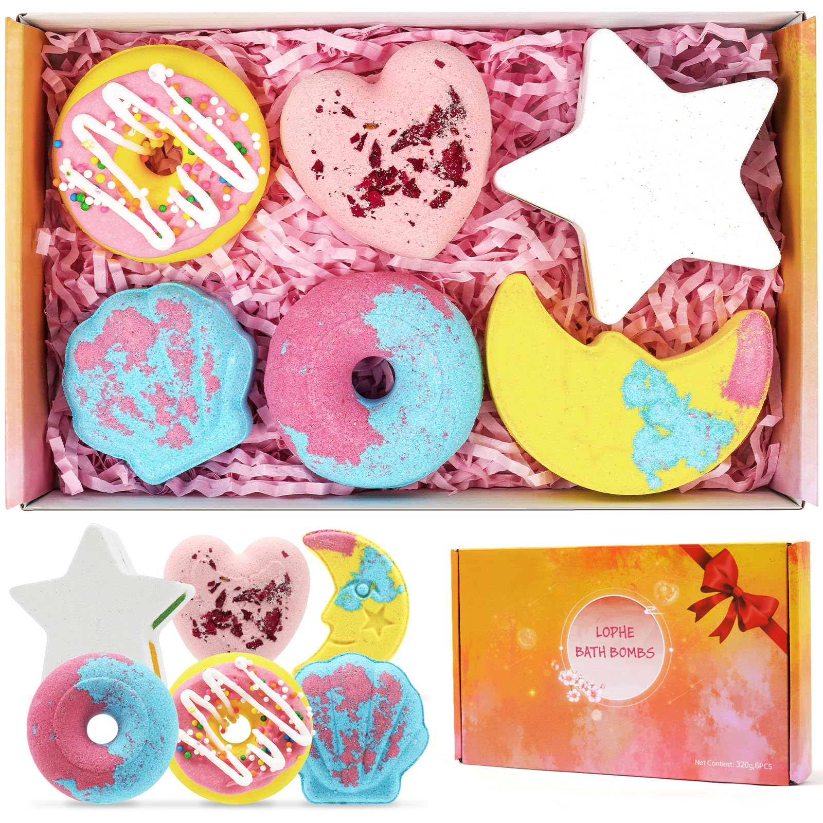 LOPHE Bombes de Bain,6 pcs Coffret Cadeau Boules de Bain, Bombes de Bain Moussant aux Huiles Essentielles, Végétalien et Sans Cruauté, Cadeaux pour CadeauFille,Fete des Meres,la Saint Valentin,Noël