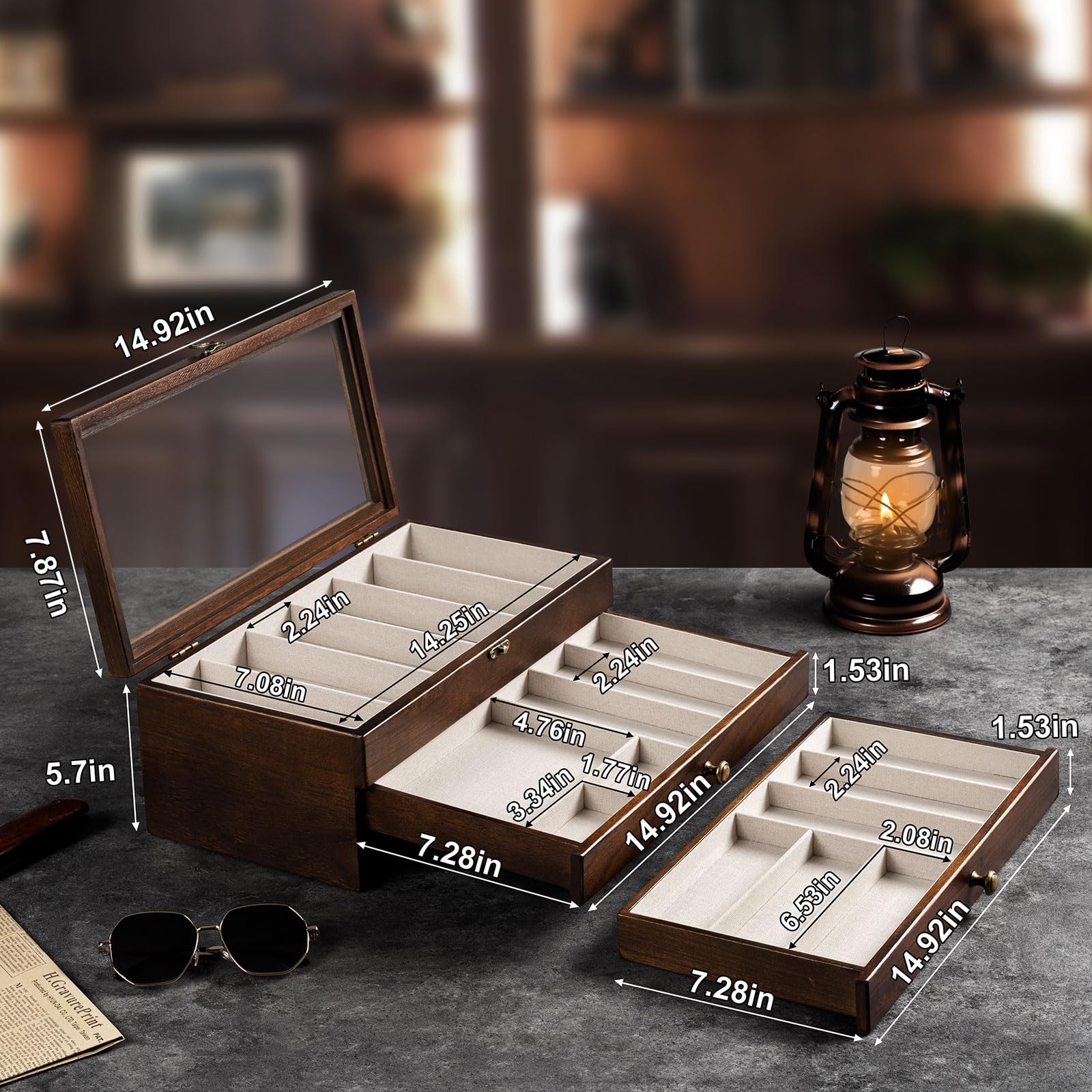 3 Étages Coffret Poignard, Bois Boîte Présentoir à Couteaux avec Tiroir et Couvercle Transparent, Support à Couteaux pour Exposer et Ranger les Couverts, pour Collection, Cadeau (Noyer)