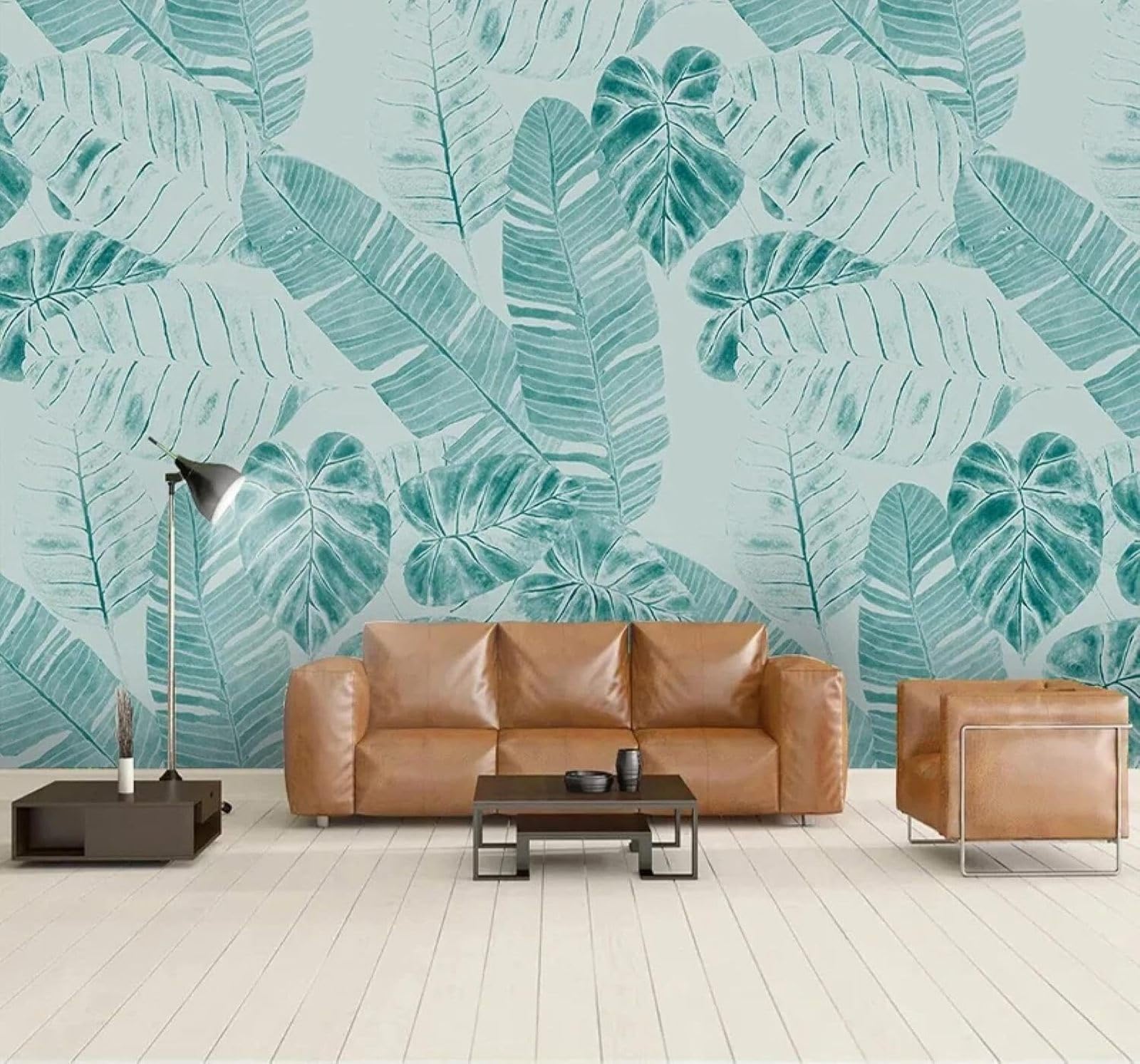 Tzxztt 350Cm×256Cm(B×H) Fresh Blue Watercolour Plants Banana Leaves Modern 3D Wallpaper Premium Textured Silk Neutral Tones Material Ideal For Living Room Bedroom-350Cm×256Cm