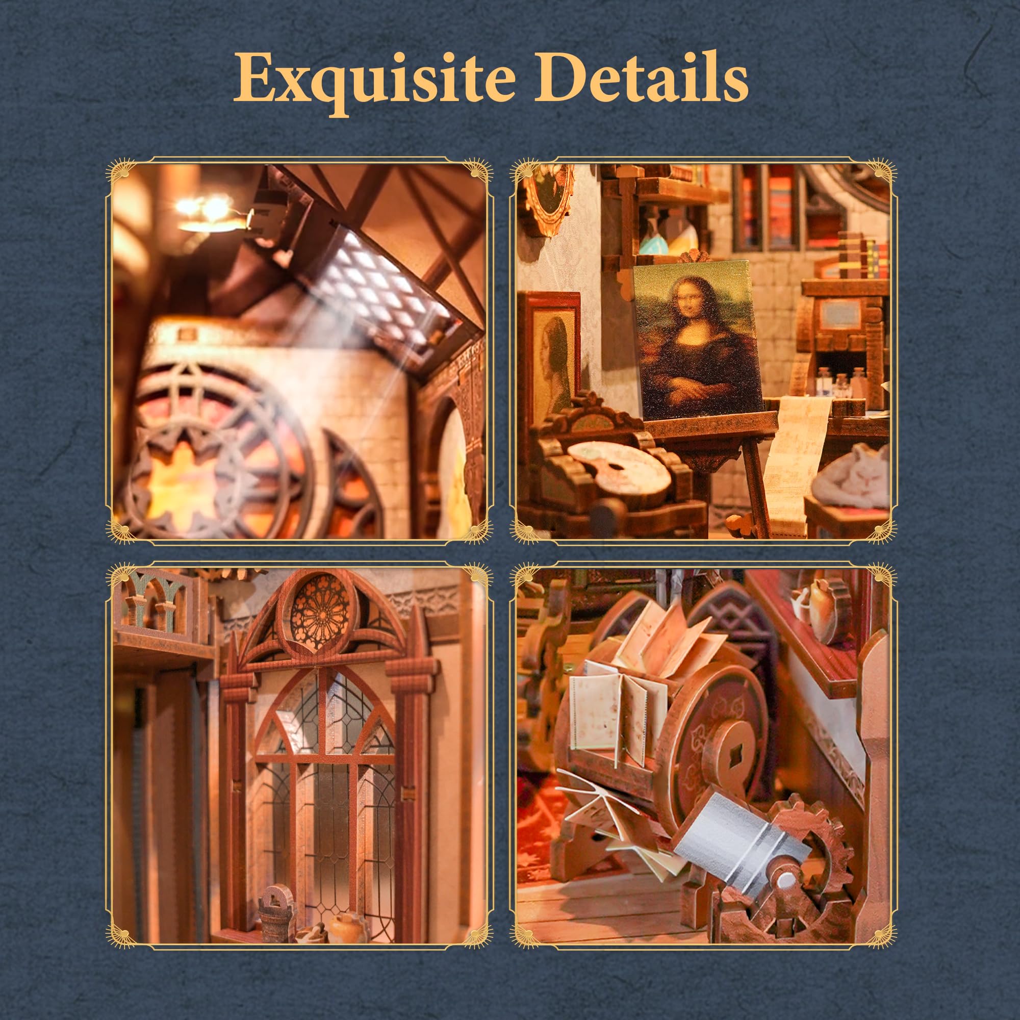 Tonecheer Kit fai da te Book Nook con Protezione Antipolvere e luce LED, Leonardo da Vinci Puzzle in Legno 3D, Parti Mobili e Rotanti, Fermalibri Creativi per Biblioteca, Idee Regalo per Adulti