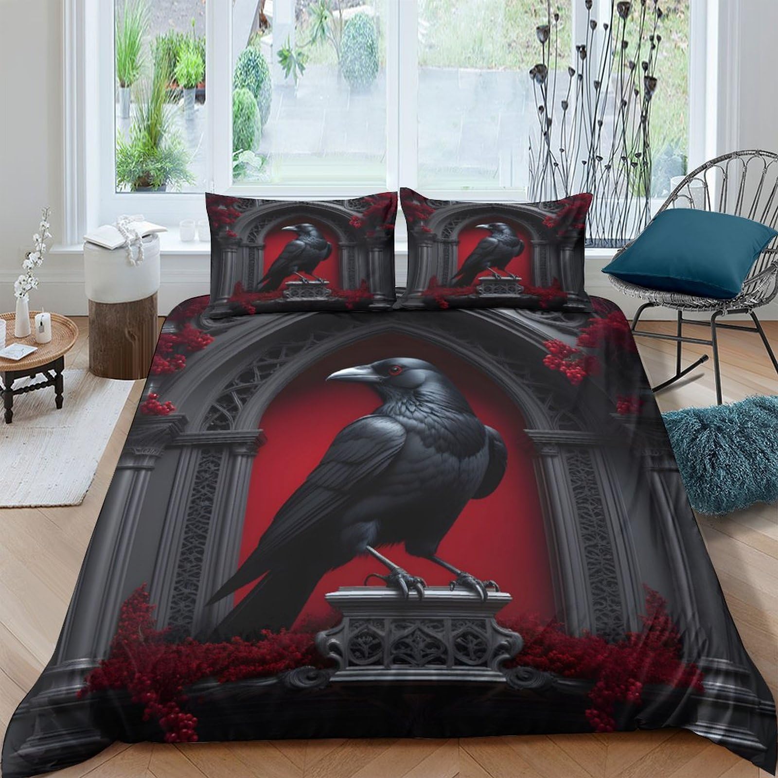 Ctjqhvkz Style-10 3D Printed Gothic Raven Fitted Sheet Microfiber Soft Black Red Bed Cover Bedroom Dorm Protection Decor Single（135X200cm）