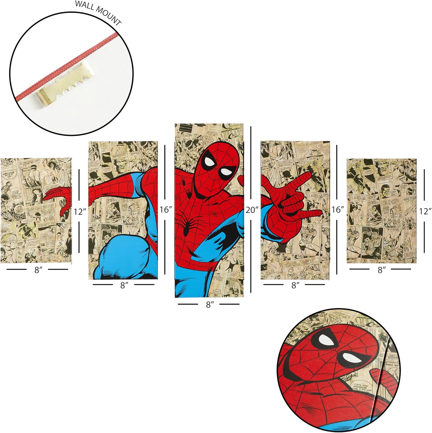 Marvel Spiderman Comic 5 Piece Canvas Printed Wall Art Décor Set, Overall 40"W x 20"H