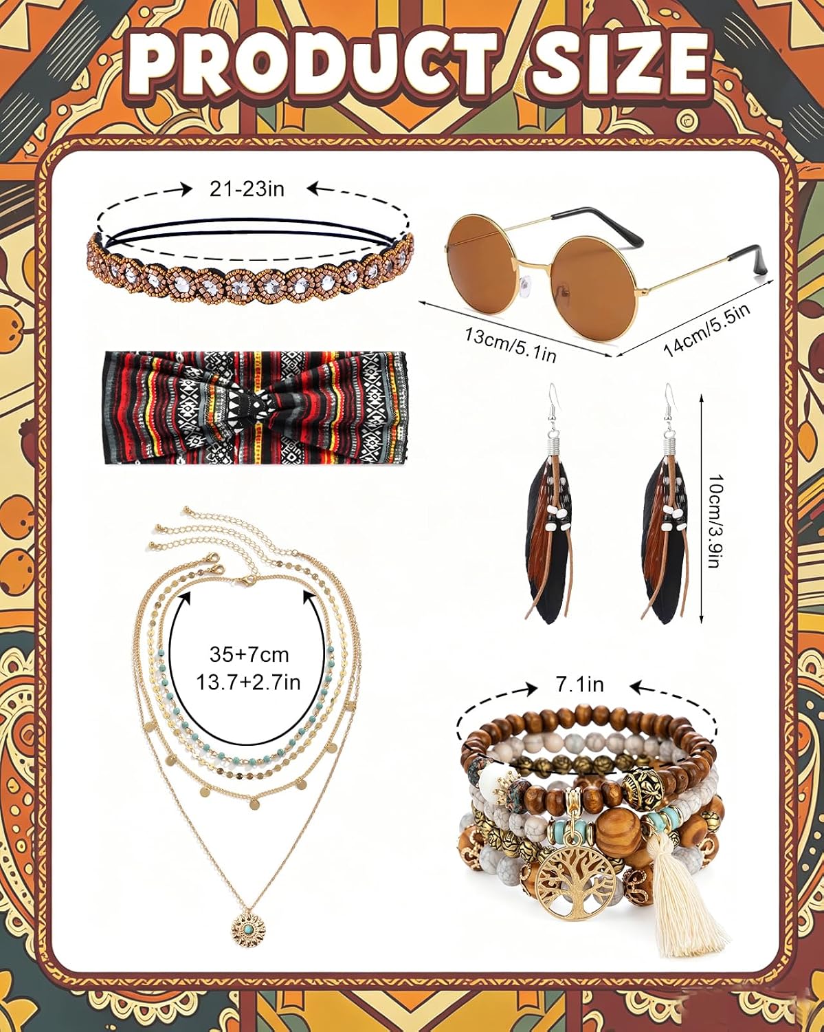6Pcs Hippie Costume Accessories 60s 70s outfits for women Including 2 Styles of Headbands Sunglasses Bracelets Earrings Layered Beaded Pendant Necklace for Disco, Halloween, 1960s 1970s Retro Party