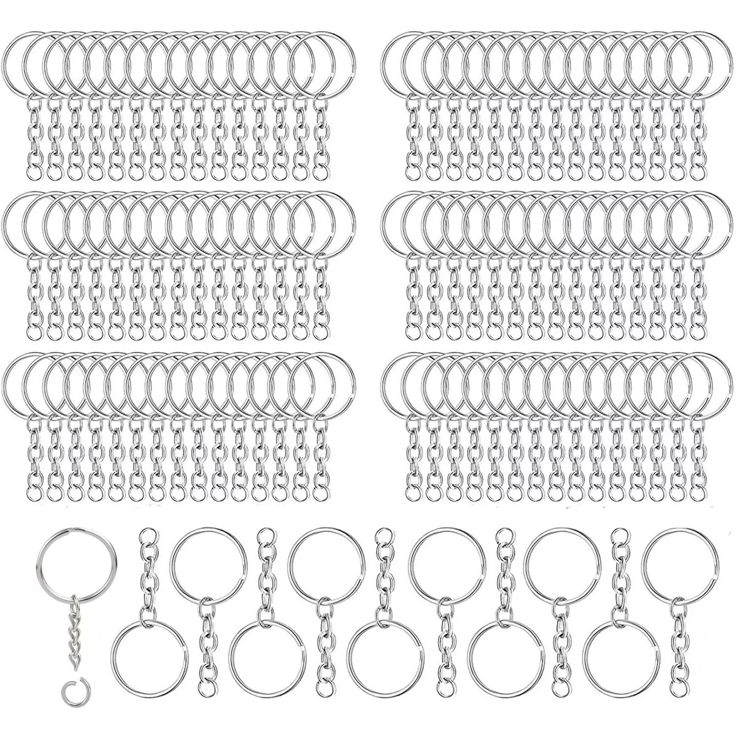 100 Set Keychain Ring with Chain and Open Jump Rings 24mm Splits Key Ring Hoops for DIY Crafts, Jewelry, Keys, Pendant, Keyring Making Silver