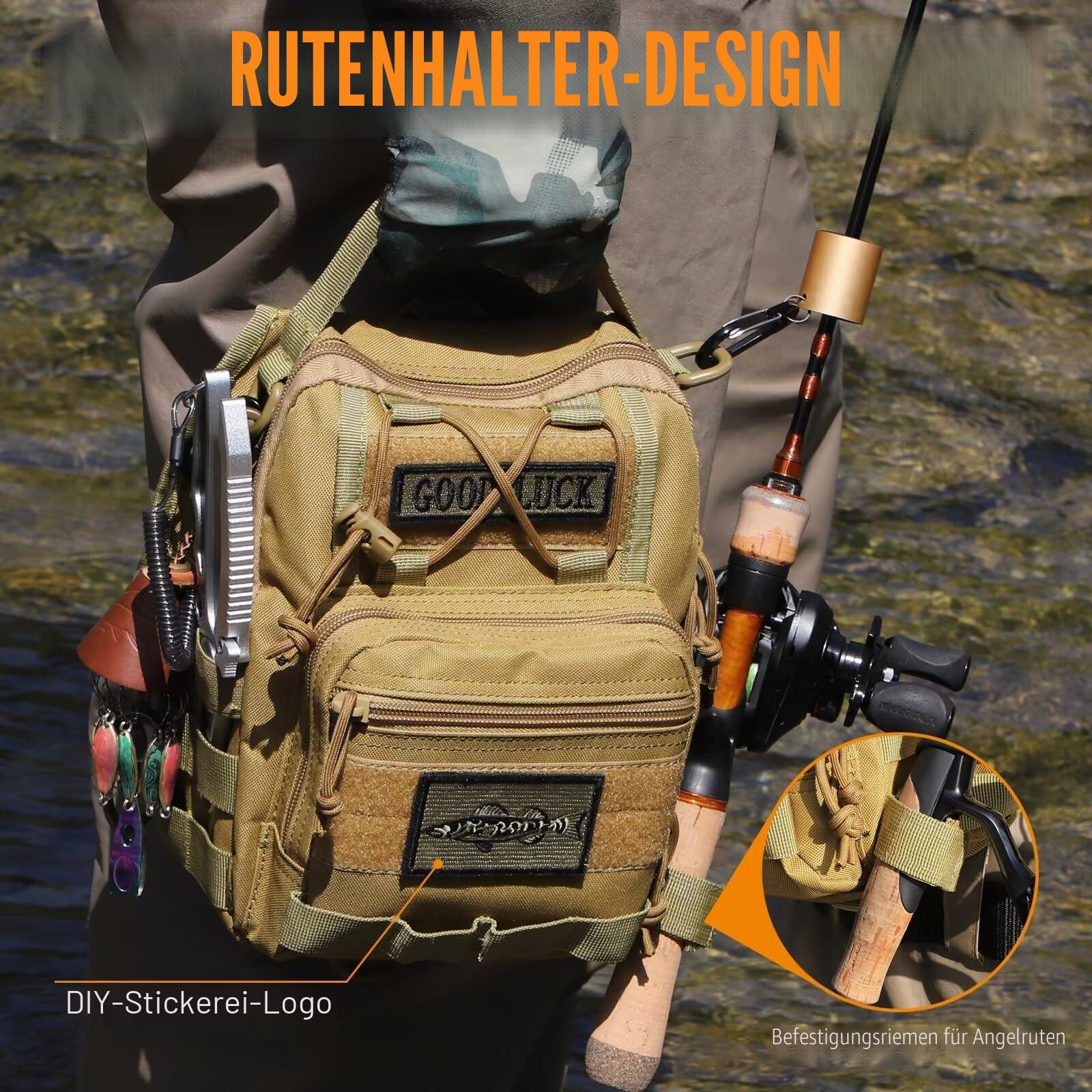 Dovesun Kleiner Angelrucksack, Fliegenfischen Sling Pack Wasserdichter Angelrucksack mit Angelkoffer Angeltaschen für Fliegenfischen