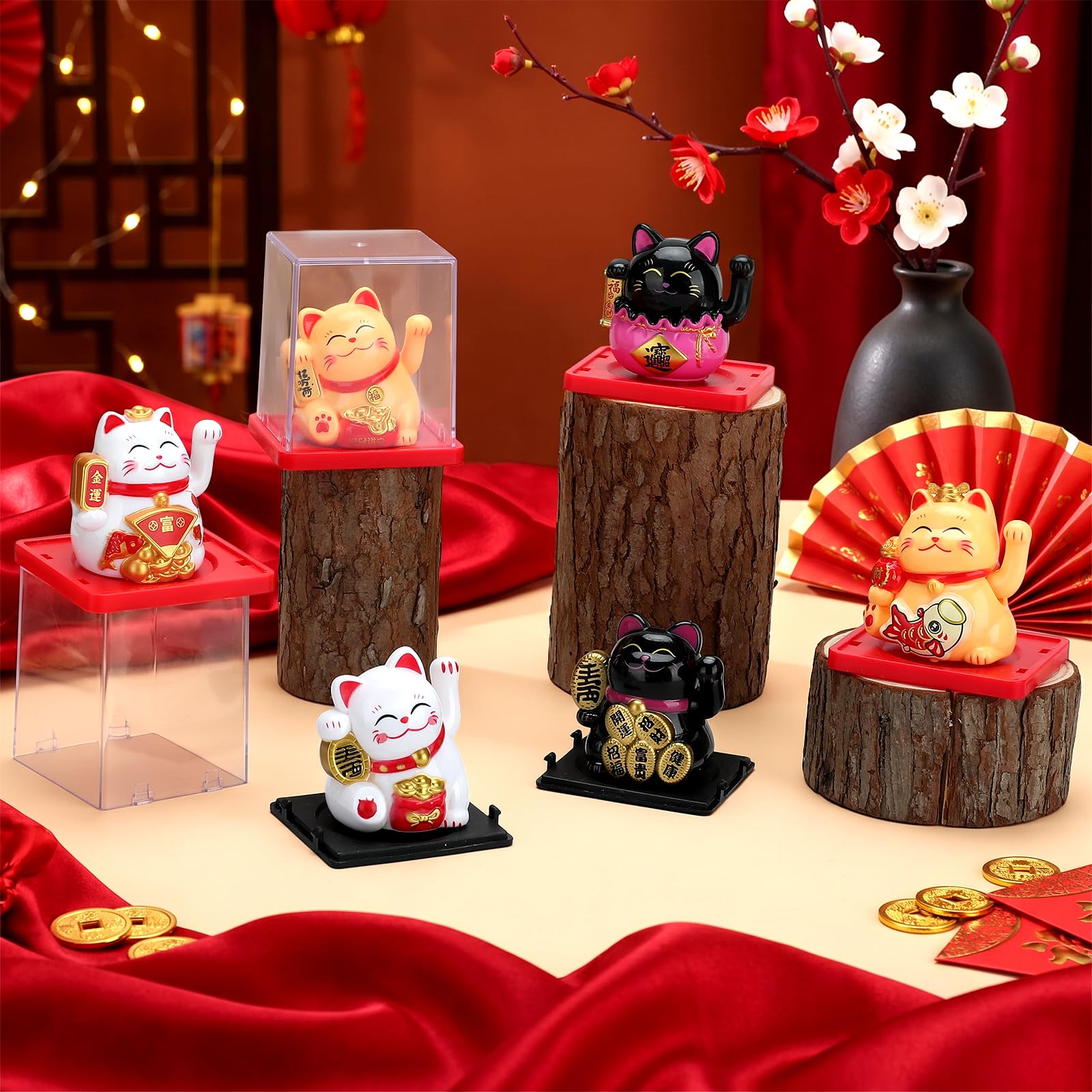 6 estatuas de gato de la suerte con brazo ondulante alimentado por energía solar, decoraciones vívidas y encantadoras de gato chino Maneki Neko Lucky Beckoning Feng Shui Fortuna Riqueza Gato