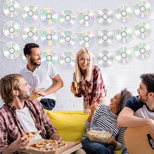 Miniatura 5 de CHUNNIN 4 piezas de decoraciones de fiesta de los 90, carteles de papel de CD retro de los años 90, temática de discoteca, mezcla de CD colgantes,