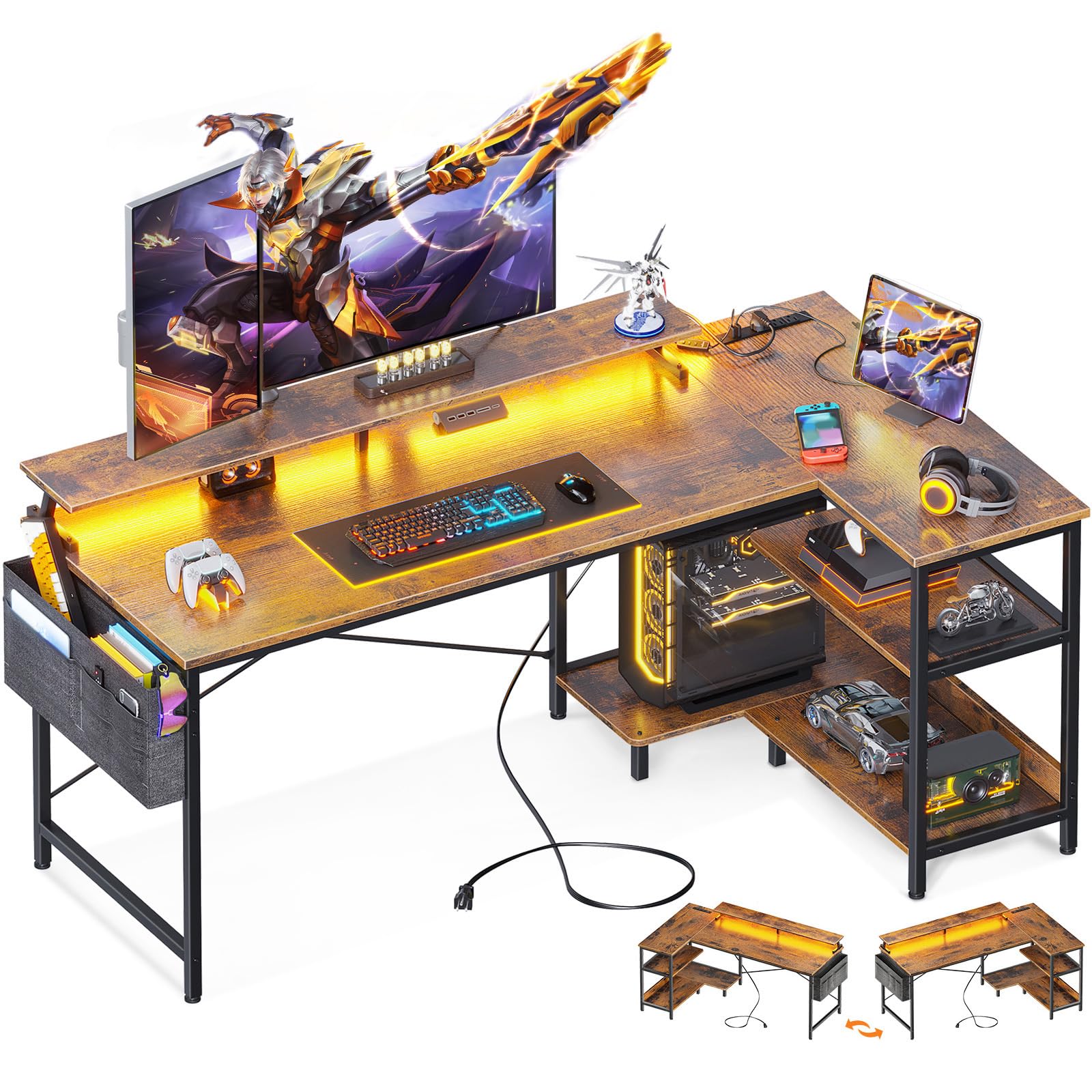 ODK 58 Inch Gaming Desk with USB Charging Ports and LED Lights, Reversible L Shaped Computer Desk with Storage Shelves & Monitor Stand, Corner Home Office Desk Table with Power Outlets, Vintage