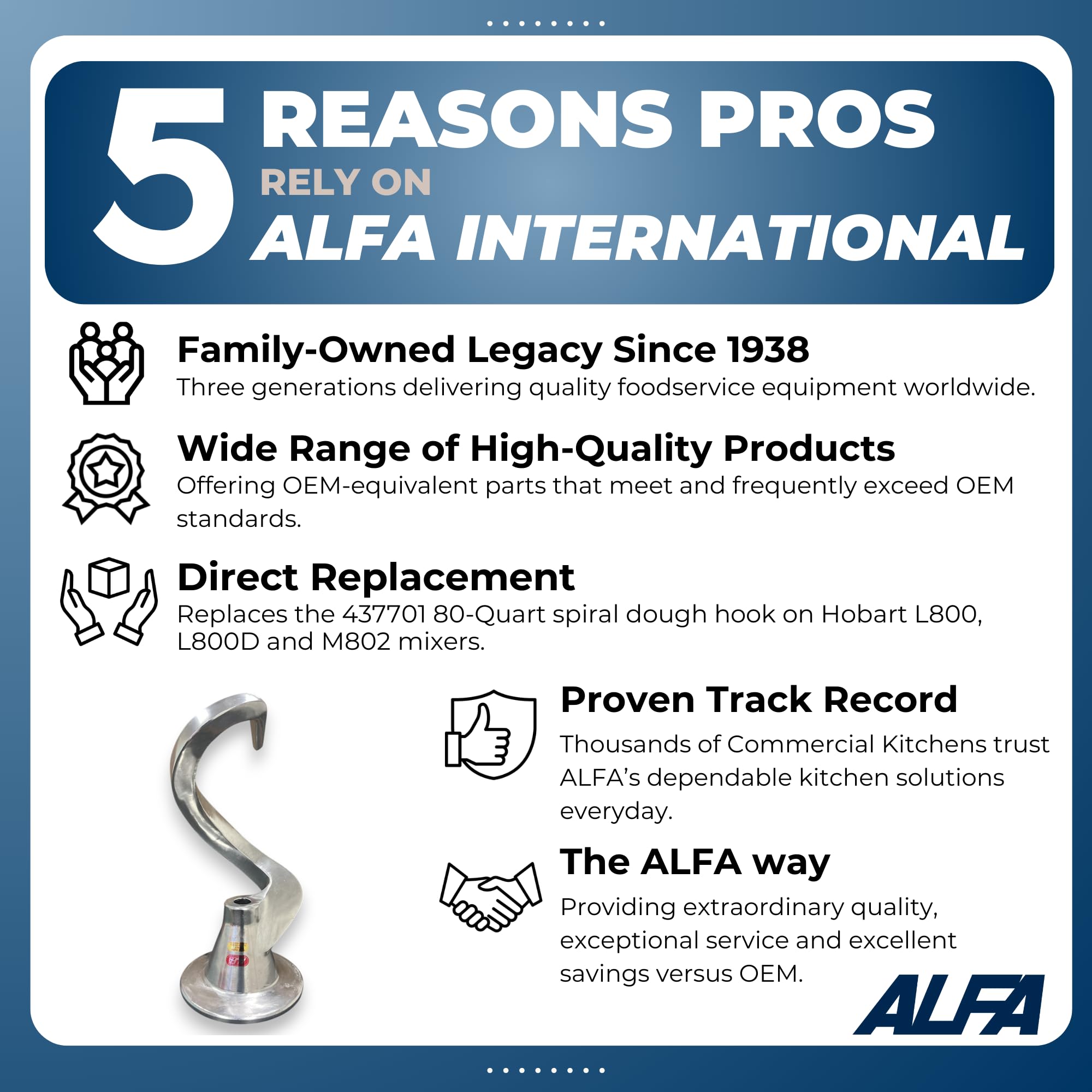 ALFA 80DS 80-Quart Replacement Spiral Dough Hook for Commercial Mixers | Replaces Hobart 00-437701 Dough Hook for Hobart L800, L800D and M802 Series Mixers