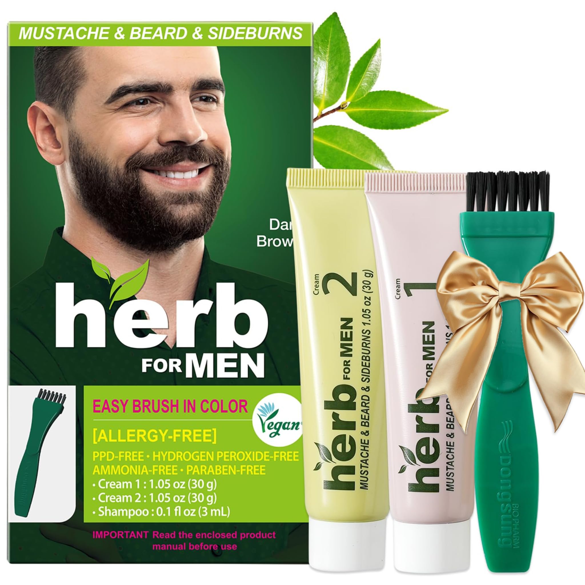 Herb For Men Mustache & Beard Dye (Dark Brown, 1 Pack), PPD-Free Ammonia-Free, Vegan with Natural Ingredients, Odorless, Gentle for Sensitive Skin, No Skin Irritation