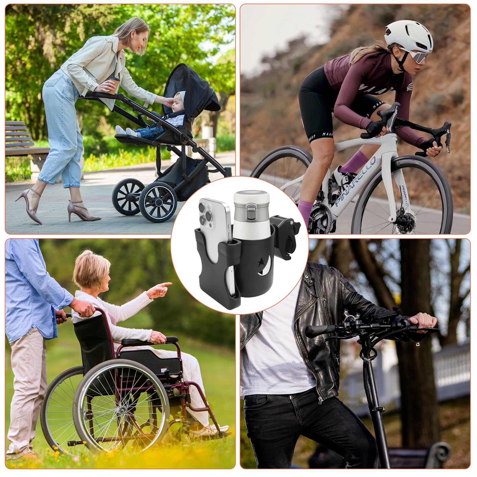 Soporte para bebidas del cochecito de bebé con funda para móvil Universal 2 en 1 Soporte para vasos Soporte para café Soporte para bebidas con 2 ganchos para cochecito de bebé, bicicletas