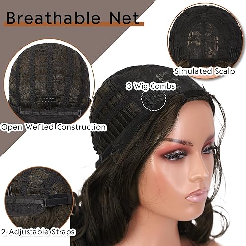 Miniatura 7 de FAVE Peluca corta de onda suelta marrón natural, peluca ondulada de 12 pulgadas de longitud al hombro, peluca rizada estilo Bob, parte media, peluca