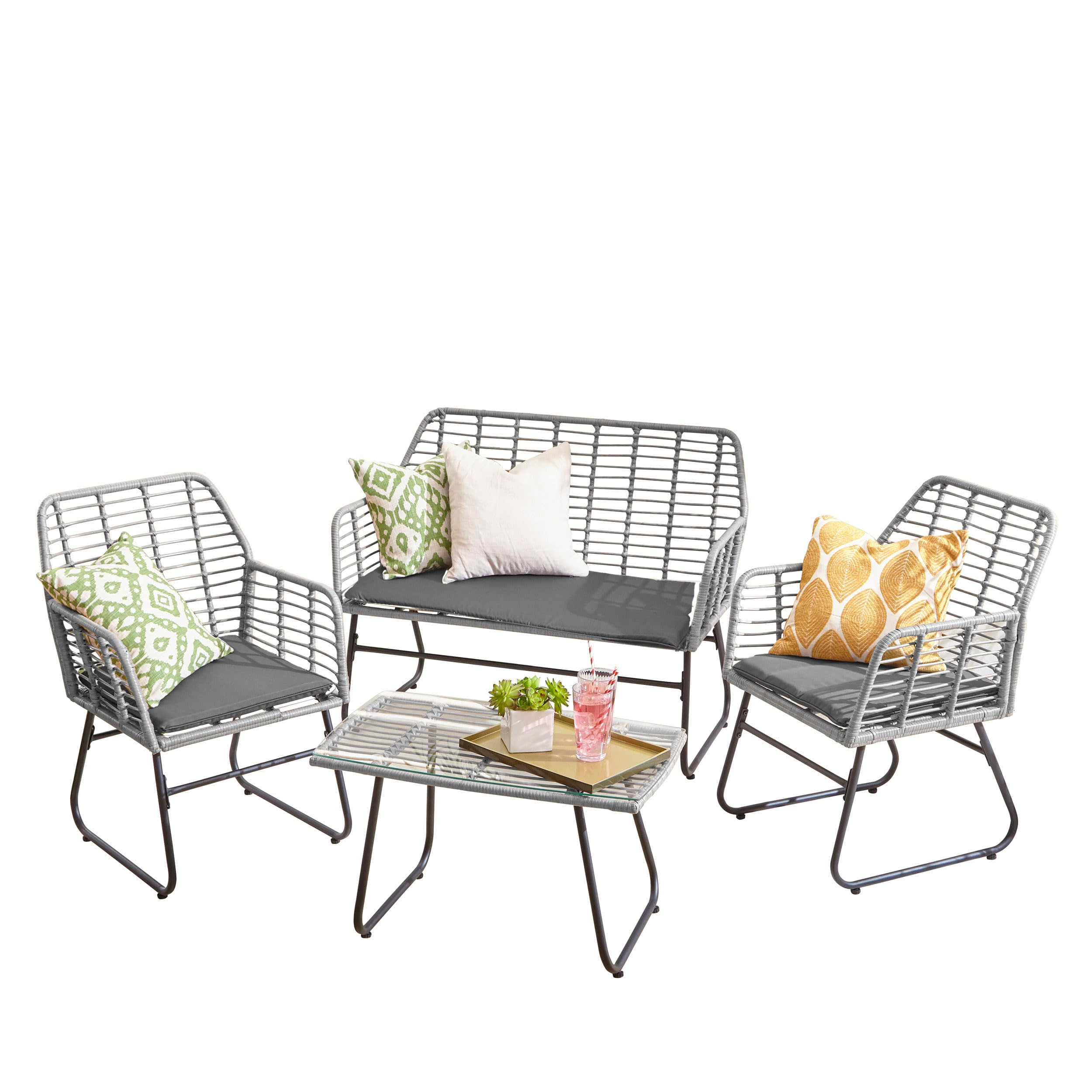 Neo Garden Patio Furniture Wicker Rattan Chair Table Sofa Outdoor Indoor Balcony Conservatory Cushion Set (Dark Grey)
