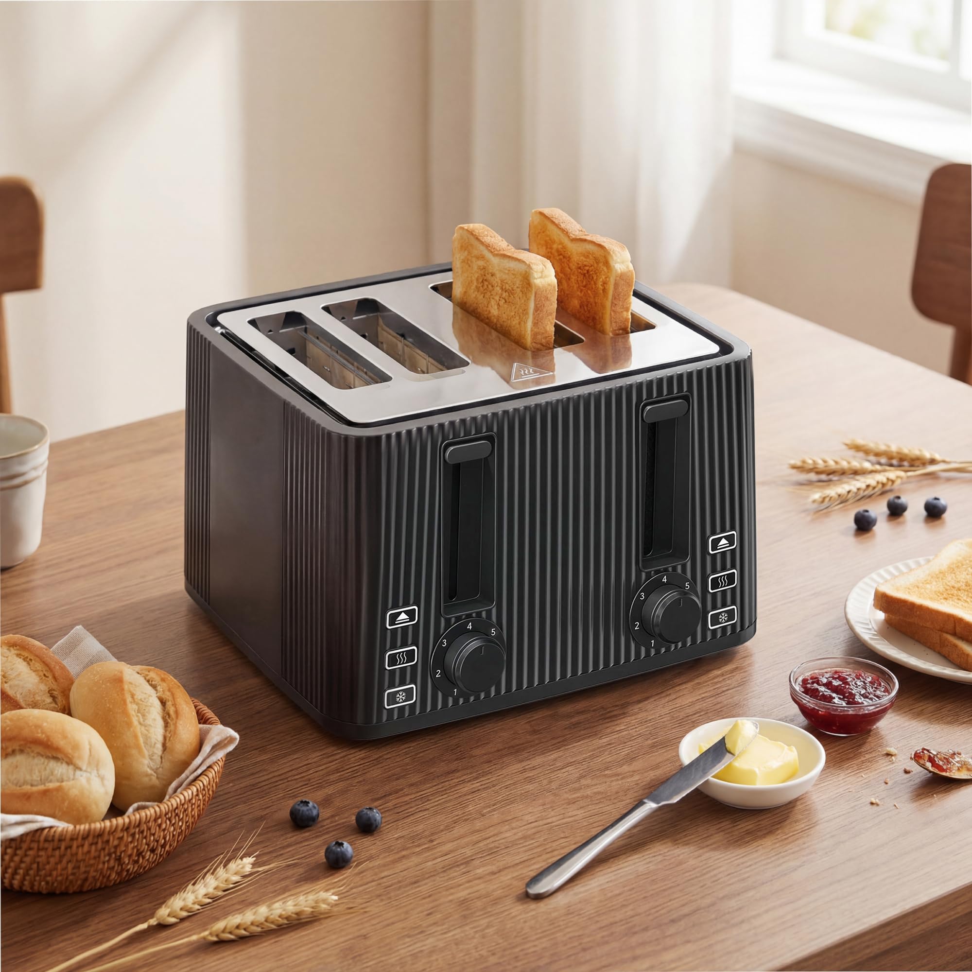 HOMCOM Tostadora 4 Ranuras Anchas 7 Niveles de Tostado, 1710W, Negro | Tostador de Pan, Función Descongelar, Recalentar y Cancelar, Bandeja de Migas Extraíble