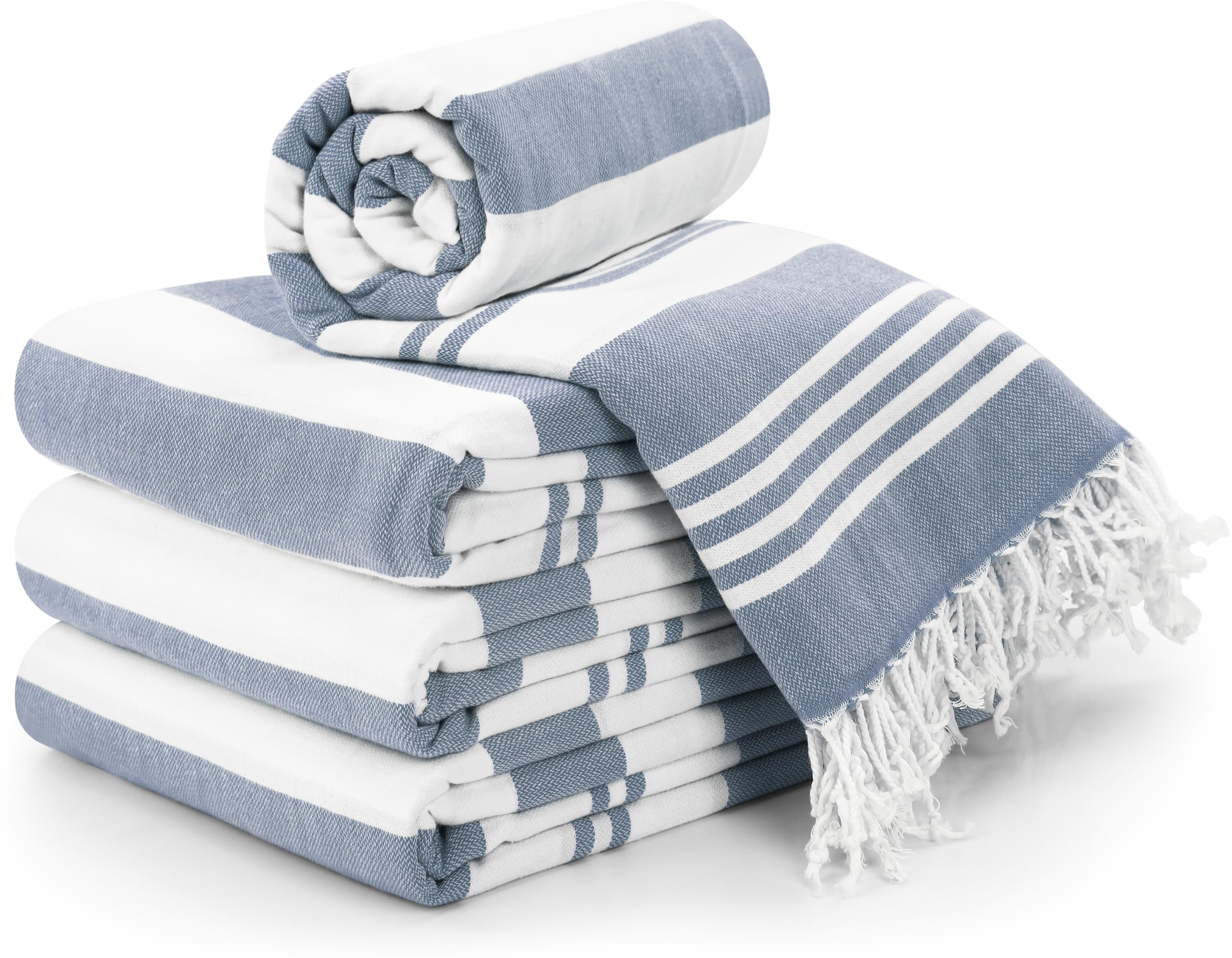 Utopia Towels 4 Pack Turkish Beach Towel, 40 by 72 Inches, 100% Cotton, Oversized Sand Free Lightweight Quick Dry, Prewashed for Soft Feel, Large Turkish Peshtemal Towel for Travel, Denim Blue