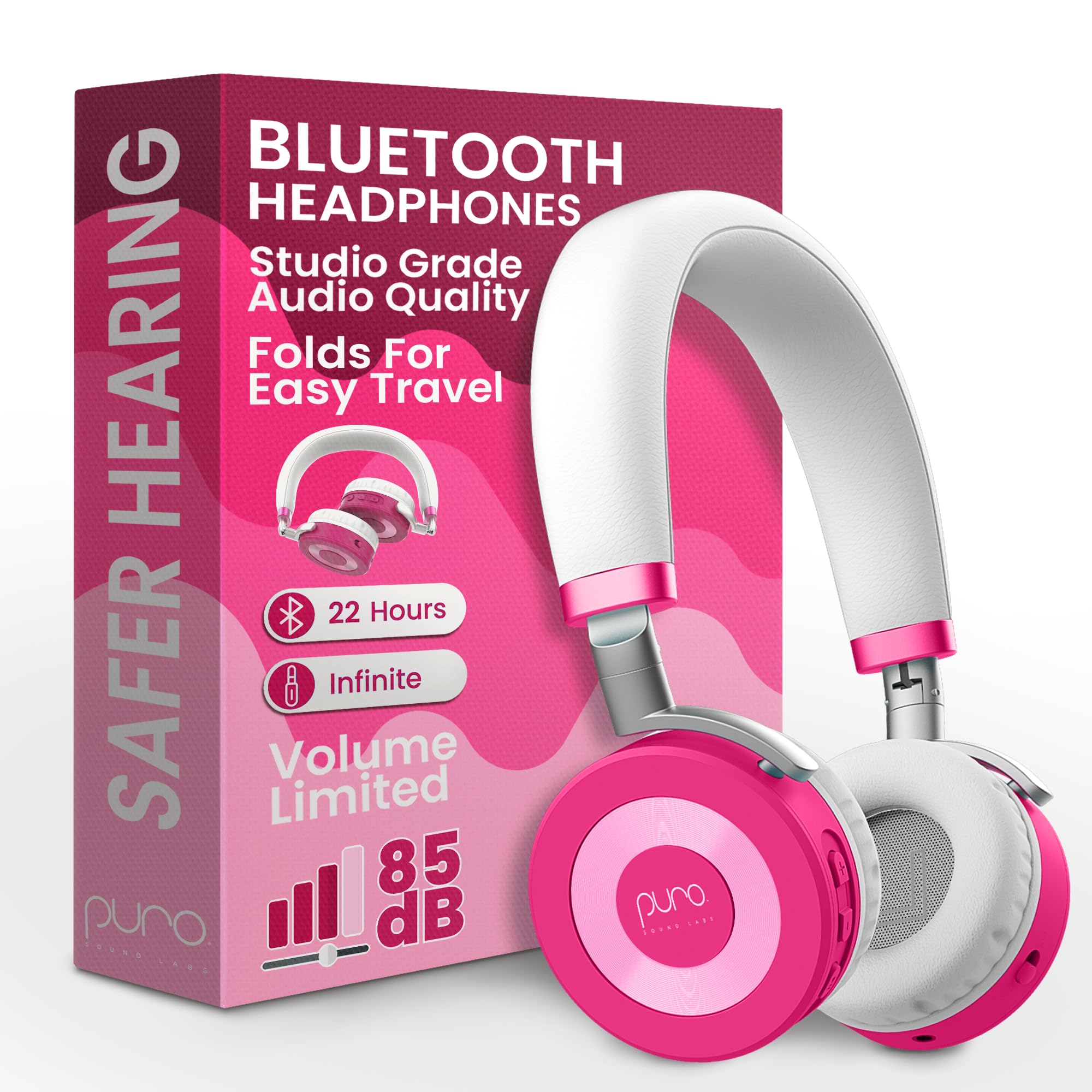Puro Sound Labs JuniorJam Plus Volume-Limiting Wireless Bluetooth Headphones for Kids, Secure Audio with Adjustable On-Ear Design, 22-Hour Battery Life, Ideal for Tablets, Smartphones & PCs - Pink