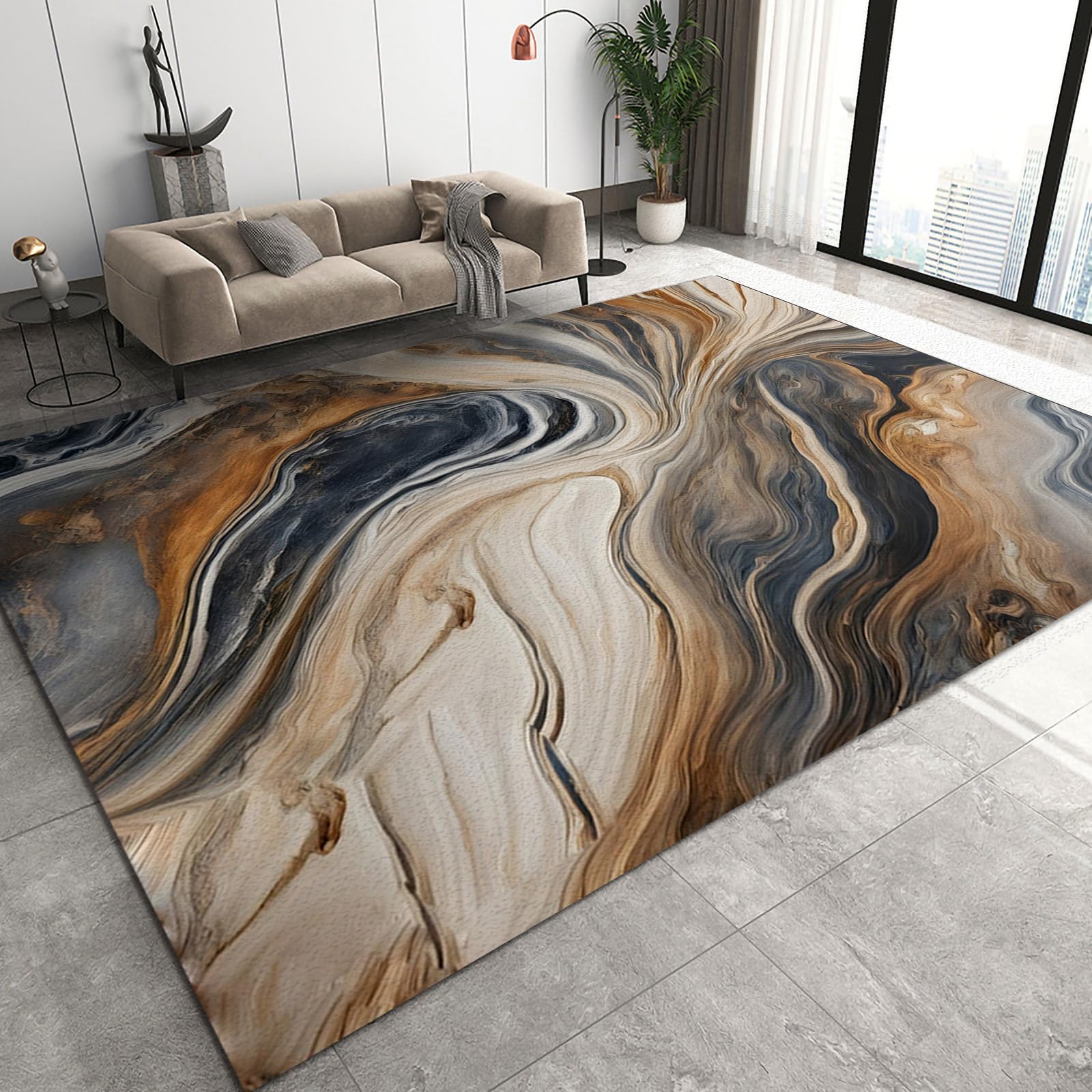 QDJKBL Area Rugs 150 x 200 cm 3D Abstract Brown Marble, Gradient Color Curved Fluid Art Bedroom Rug, Living Room Carpet Shaggy Non-Skid Soft Texture for Bath Mat Balcony Dorm Room