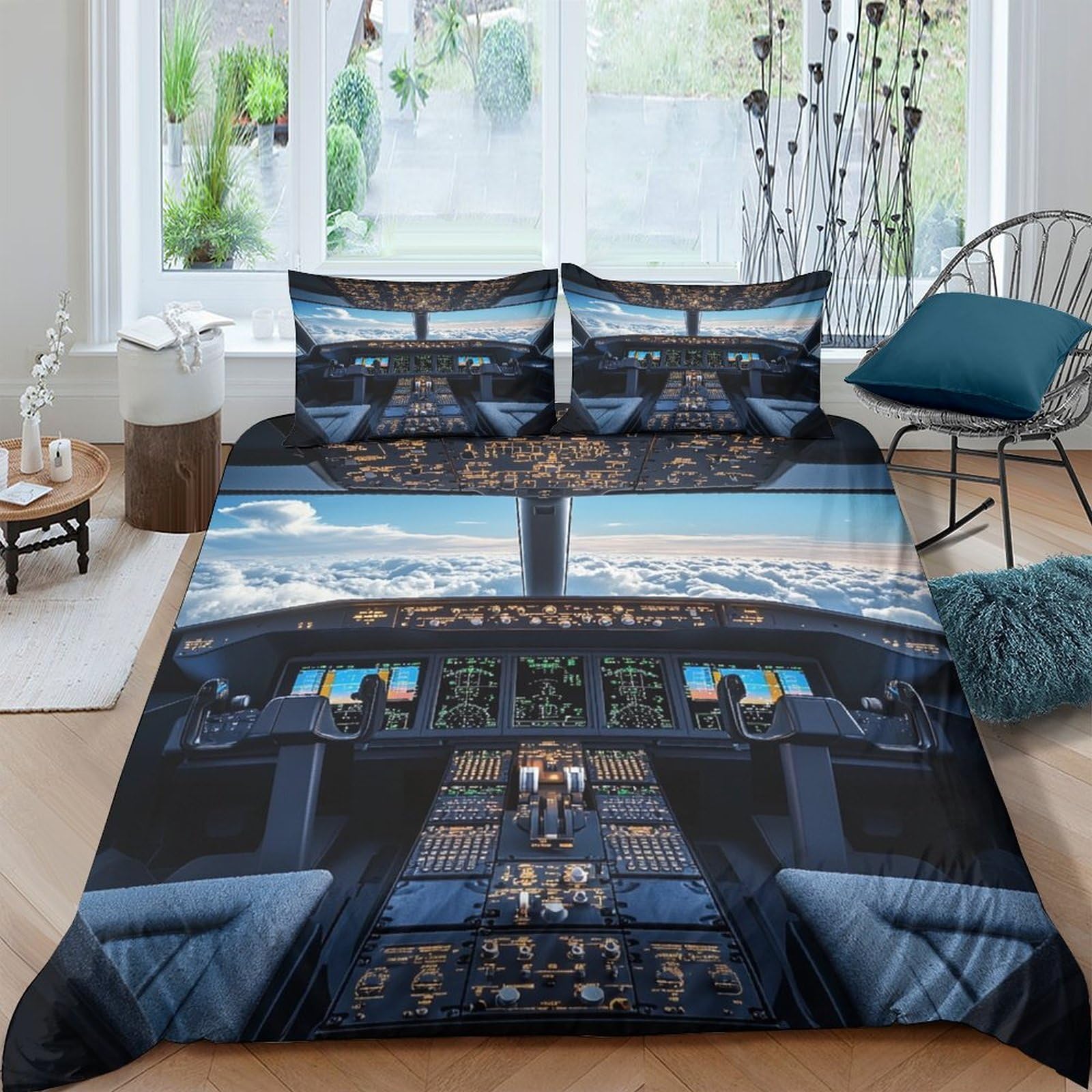 Ctjqhvkz Style-6 3D Printed Cockpit View Fitted Sheet Microfiber Soft Breathable Aircraft Window Bed Cover For Bedroom Guest Room Decor Single（135X200cm）