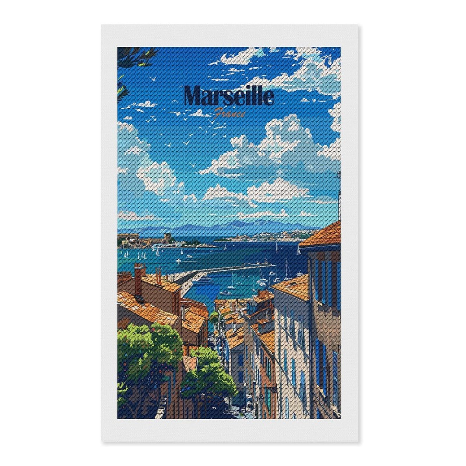 Junmoney Marseille France Travel Diamond Art Canvas 12"x20", for Teens, Nice Detail and Sparkle, Farmhouse Decor, Festive Craft Gift, Easy to Enjoy