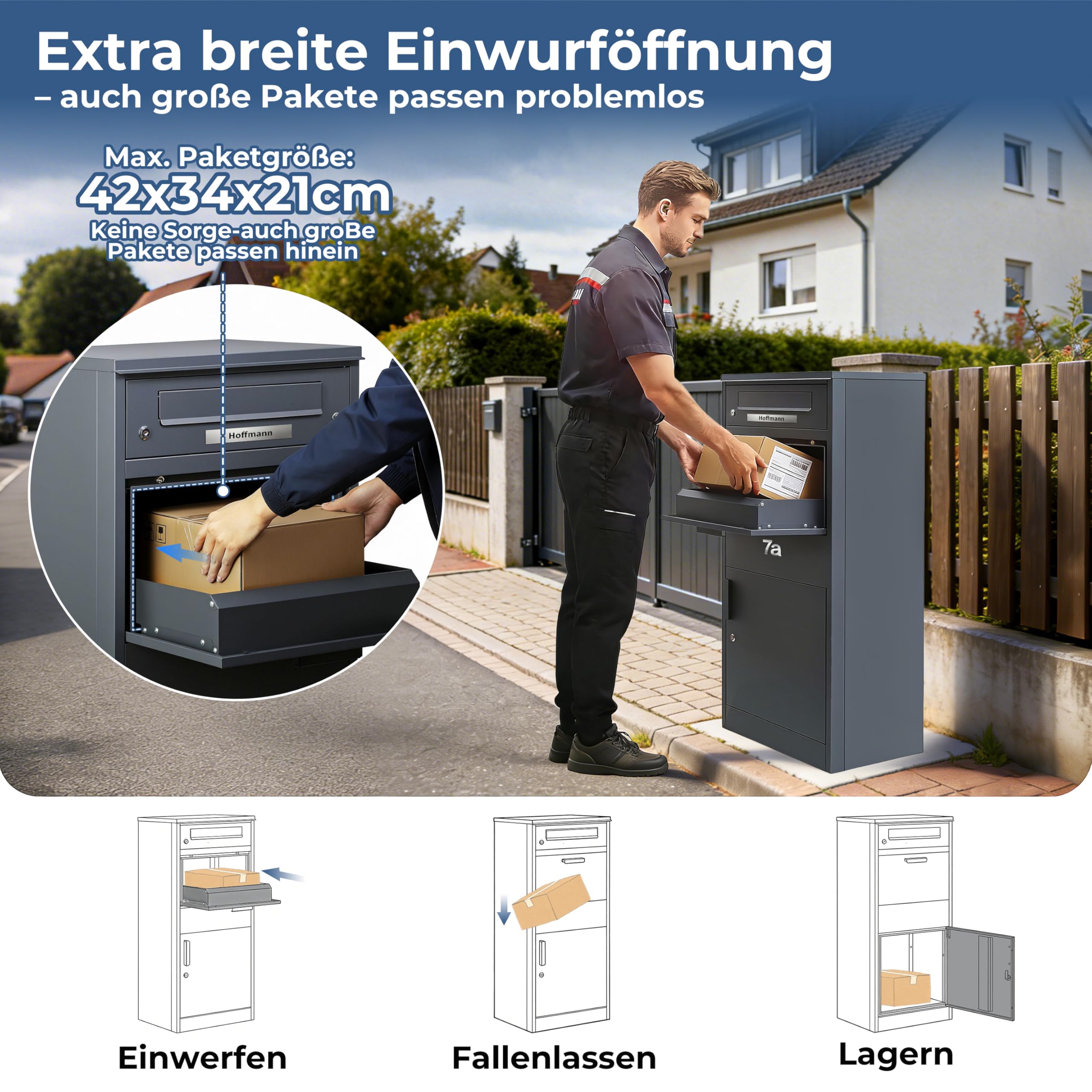 Zedelmaier Paketbox Briefkasten mit großem Paketfach, XXL Paketbriefkasten für Außenbereich, personalisiert mit Edelstahl Namensschild & Hausnummer, inkl. 4 Schlüssel(112 x 50 x 39 cm)