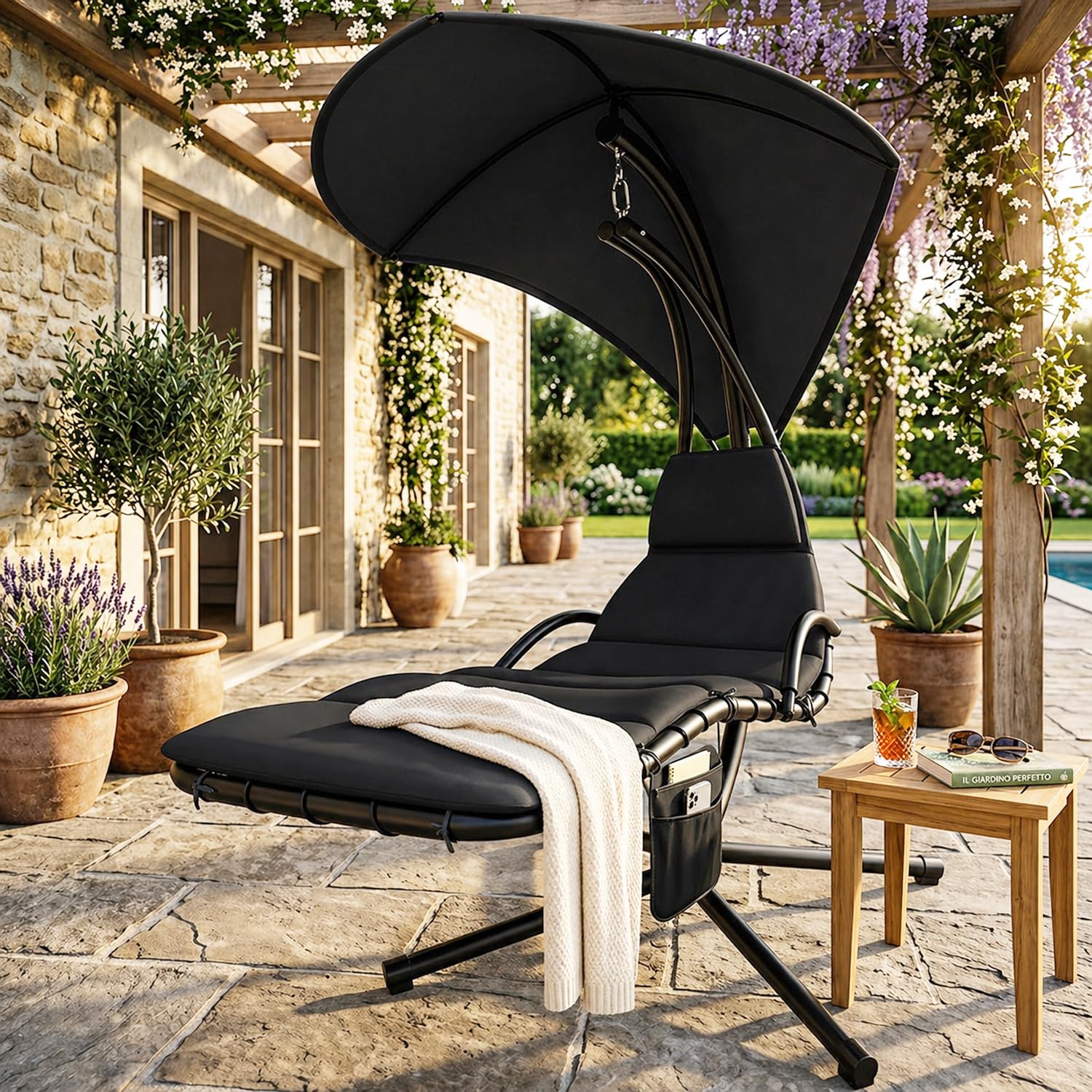 Sdraio Sospesa Con Ombrellone Parasole Integrato E Cuscino Imbottito Ergonomica Amaca Da Giardino In Acciaio E Poliestere Per Esterno Terrazzo E Bordo Piscina 195 x 132 x 197 Cm Nero