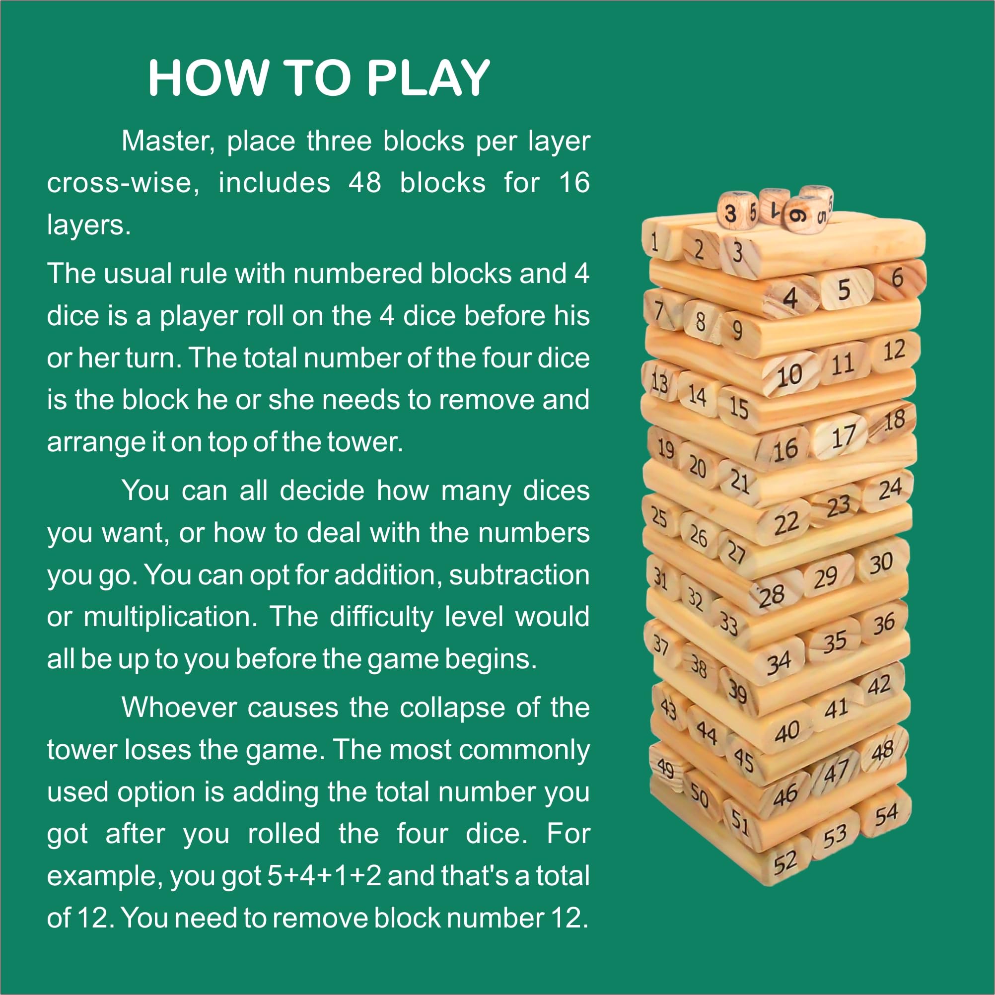 RAINBOW RIDERS Wooden Stacking Tower Game and Puzzle, Wooen Block Master for Kids Boys Girls Age 3 + Years,48 Pcs Stacking Tower with 4 Dices for 1 or More Players, Best Xmas Gift 1