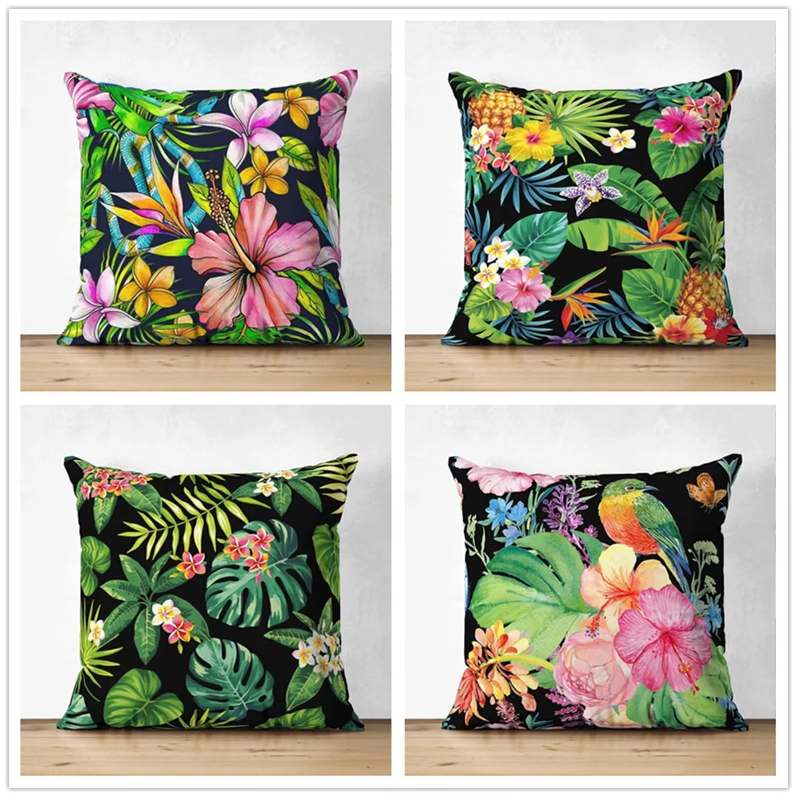 Heaen Outdoor Cushions Covers Waterproof 35x35 cm Set of 4 Square Linen Pillow Cases Pink Flowers Birds Decorative Dushions for Sofa Porch Patio Home Decor