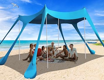 Vibemo Beach Tent, Camping Sun Shelter UPF50+ with 6 Sandbags, 2 Sand Shovel, 4 Stability Poles, Outdoor Pop UP Beach Canopy for Camping Trips, Fishing, Backyard Fun, Picnics-Navy Blue