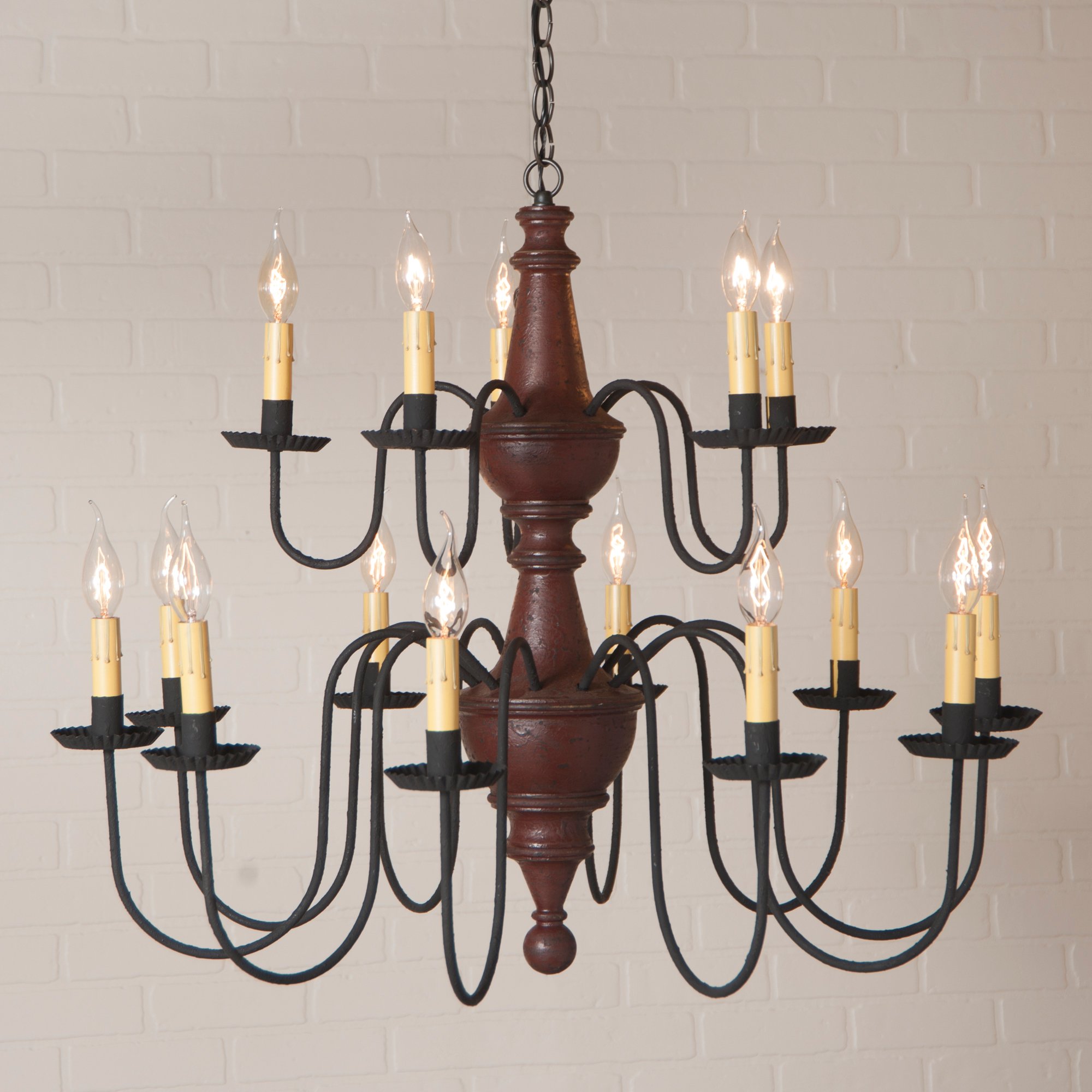 Irvin's Country Tinware 9157TPLR - Harrison Wood & Tin Two-Tier 15-Light Chandelier in Plantation Red