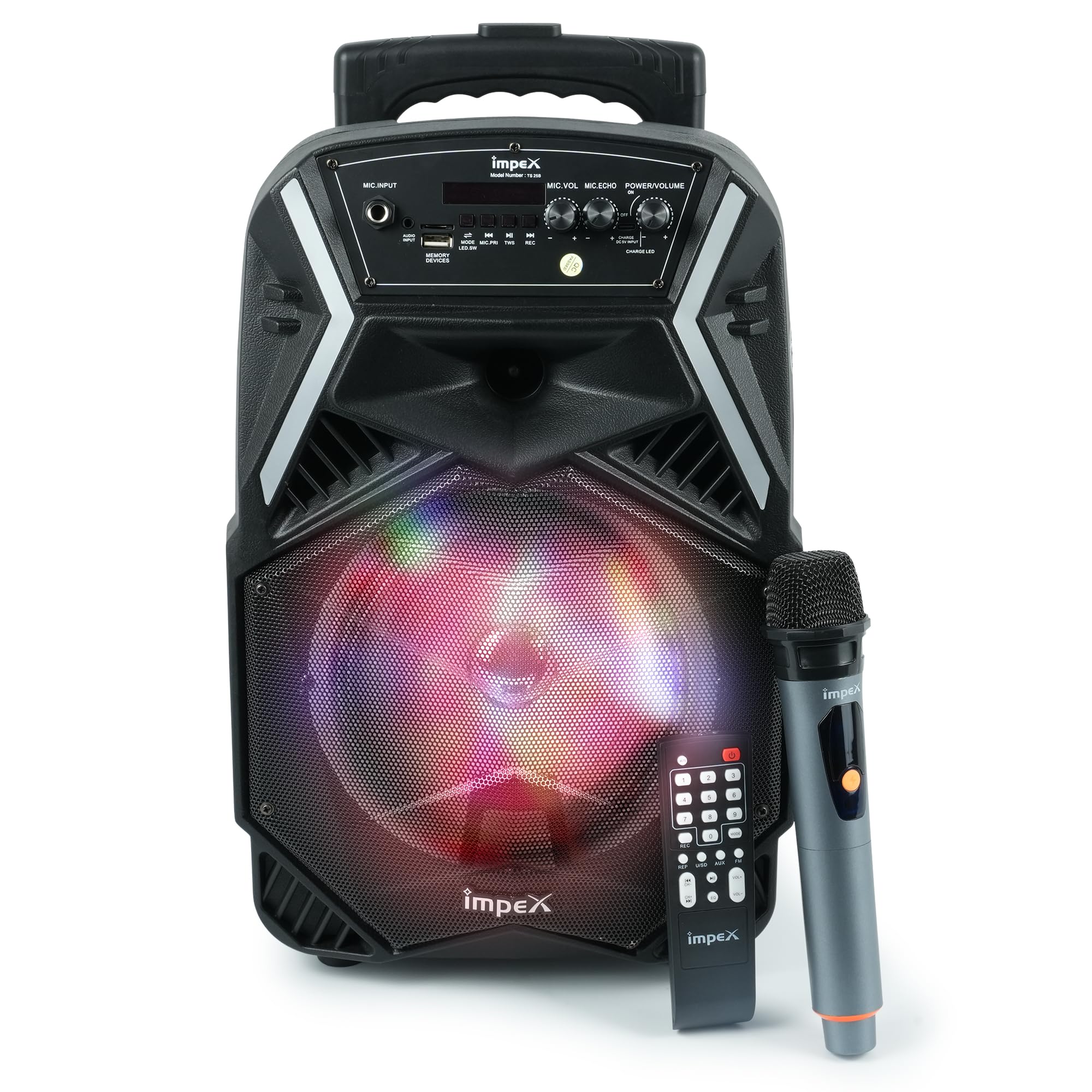 Impex Ts 25B 800 Watts(PMPO) Multimedia Portable Trolley Speaker With USb/Sd/Tf/Fm Radio/Aux/Remote/Bluetooth/Wireless Mic & Dj Led Light Function (Black)