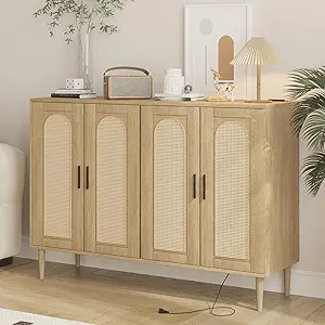 Rattan Buffet Cabinet with Storage,Sideboard Cabinet with 4 Doors and Adjustable Shelves, Console Coffee Bar with Charging Station, Boho Wood Cupboard for Kitchen, Livingroom and Dining Room,Entryway