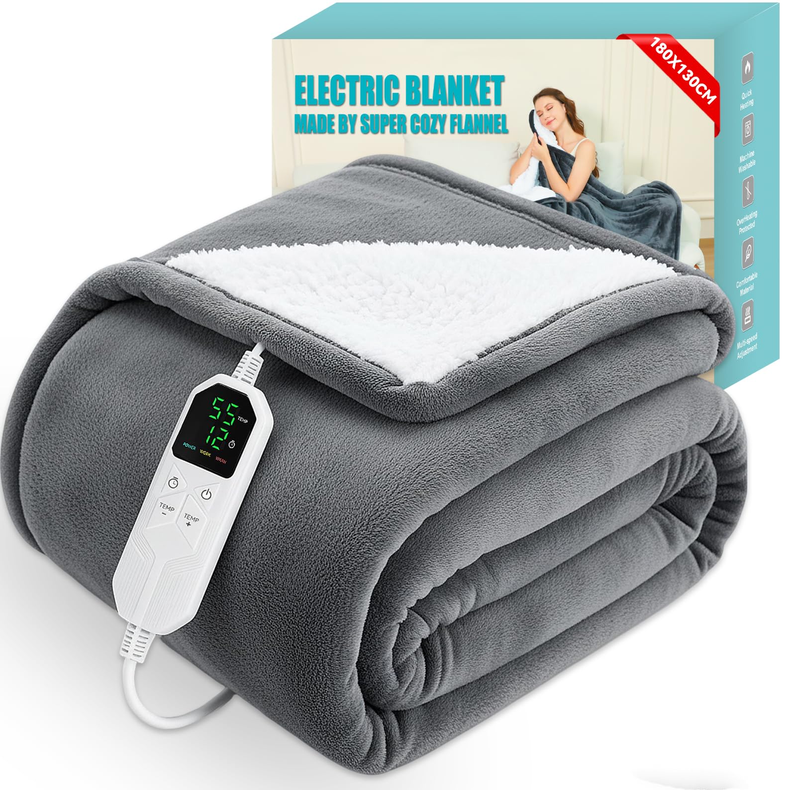 Electric Heated Blanket 180 × 130 cm, Heated Throw Blanket Fast Heating with 8 Heat Level...