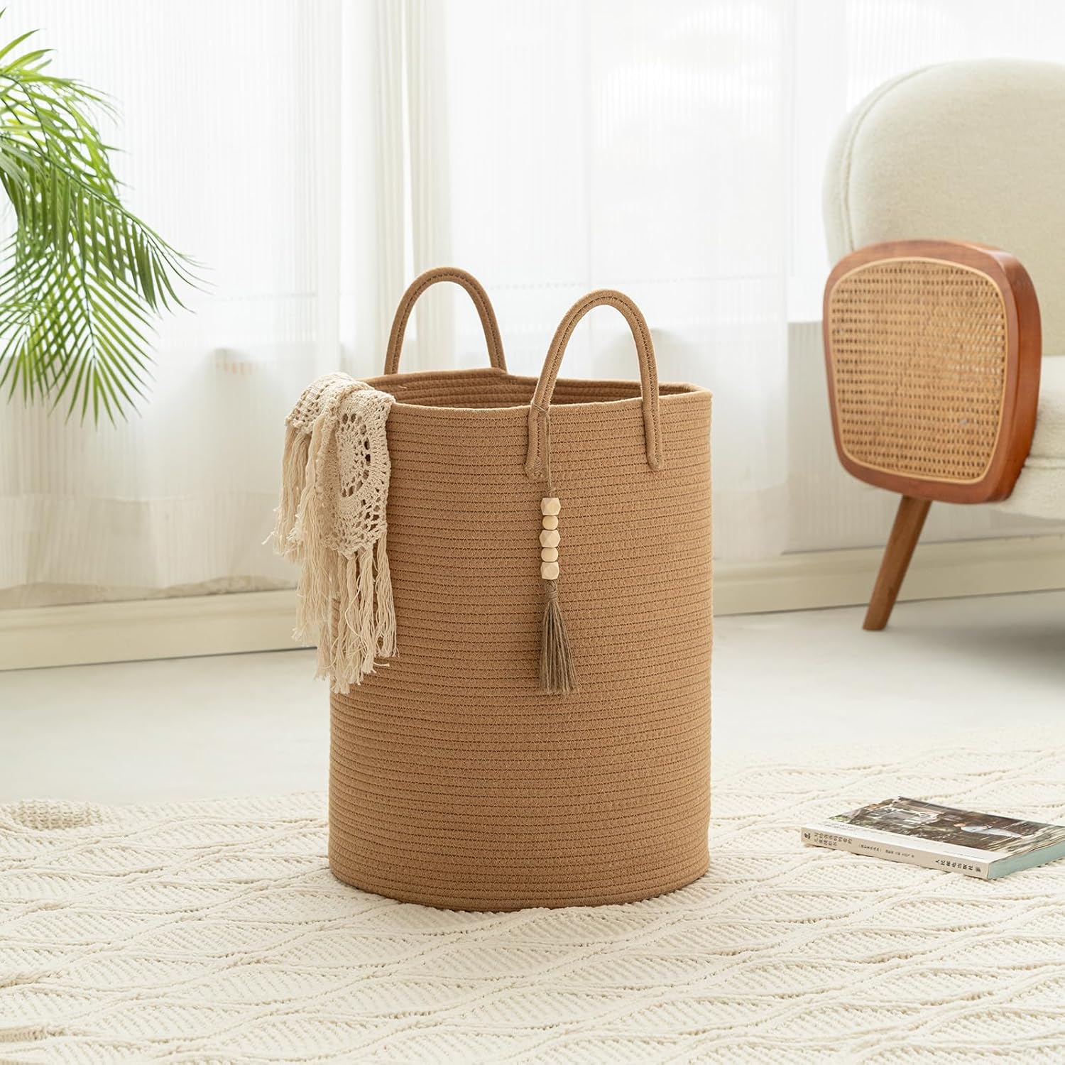 Blanket Basket 58L, Woven Laundry Hamper Tall Laundry Basket with Boho Wooden Tassels, Large Cotton Rope Storage Basket for Blankets Pillows Toys, Living Room Nursery Bedroom Decor (Brown)