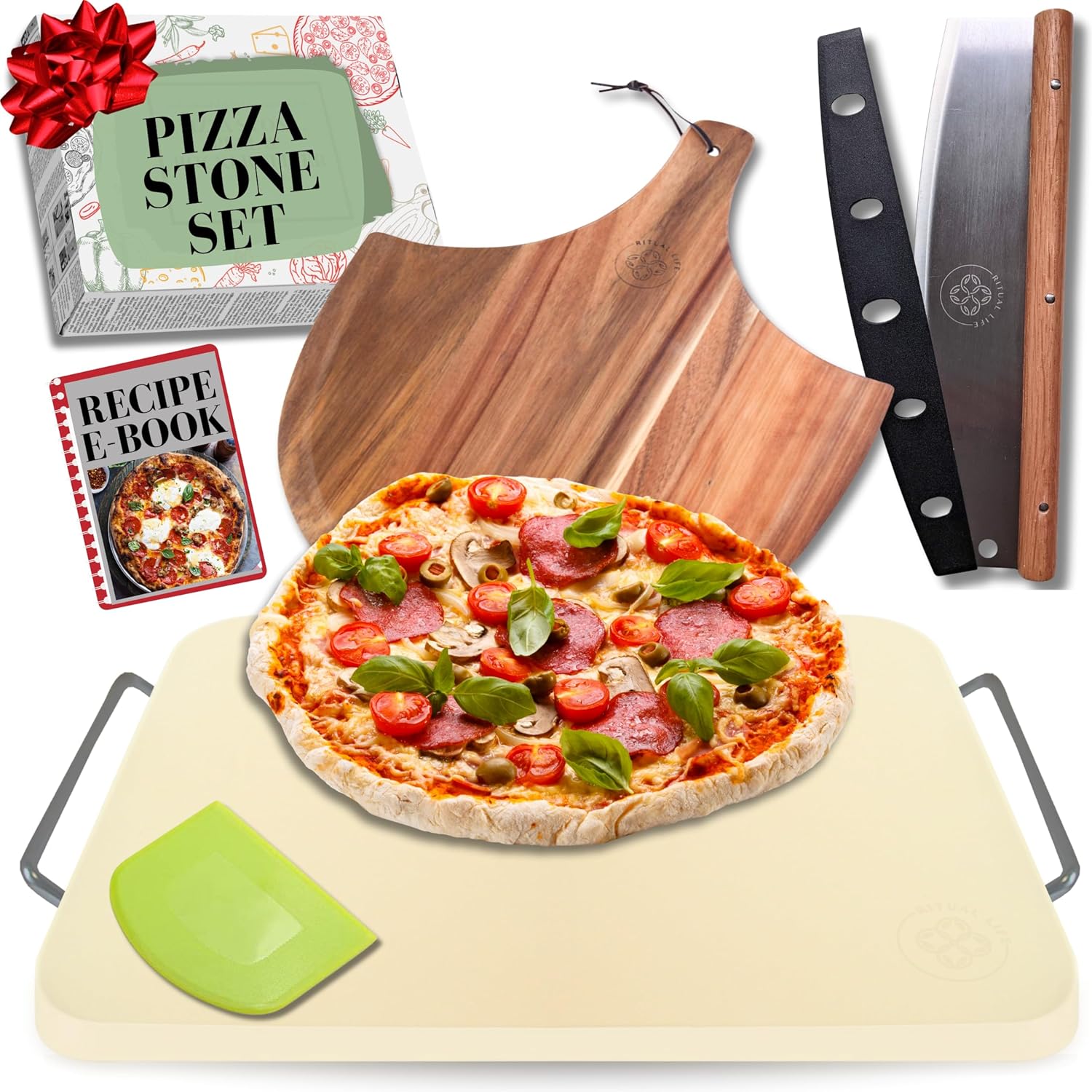 Pizza Stone for Oven and Grill Set – 5PCS Pizza Making Accessories Kit, with 15 inch Pizza Stone with Handles, Pizza Peel, Cutter, Dough Tool – Baking Stone for Bread – Large Rectangular Oven Stones Pizza Stone for Oven and Grill Set – 5PCS Pizza Making Accessories Kit, with 15 inch Pizza Stone with Handles, Pizza Peel, Cutter, Dough Tool – Baking Stone for Bread – Large Rectangular Oven Stones