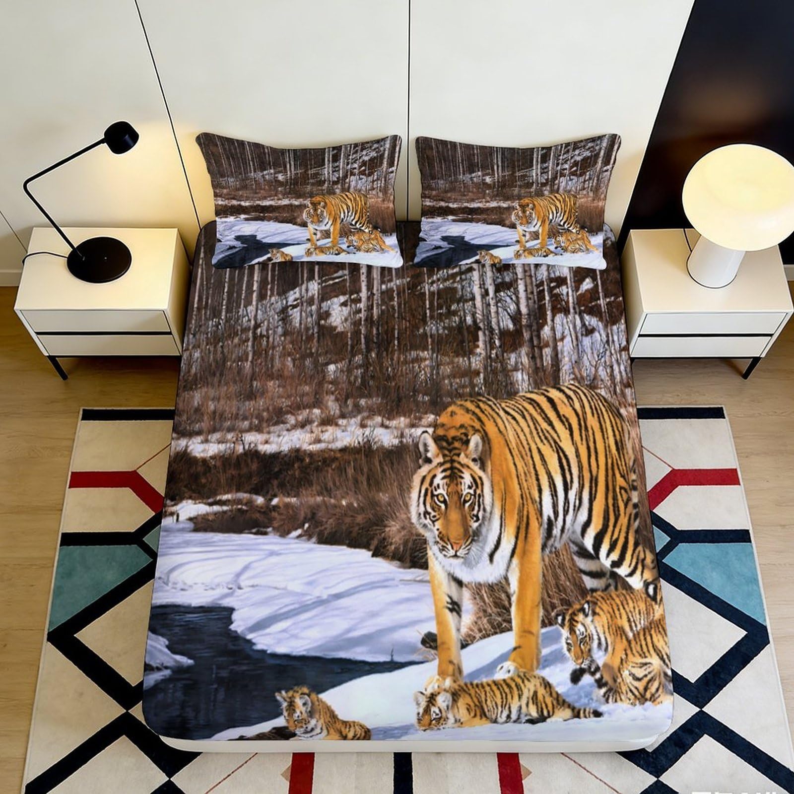3D Printed Tiger Forest Fitted Sheet Microfiber Soft Breathable Snow Scene Mattress Cover Bedroom Decor 90x200x25cm