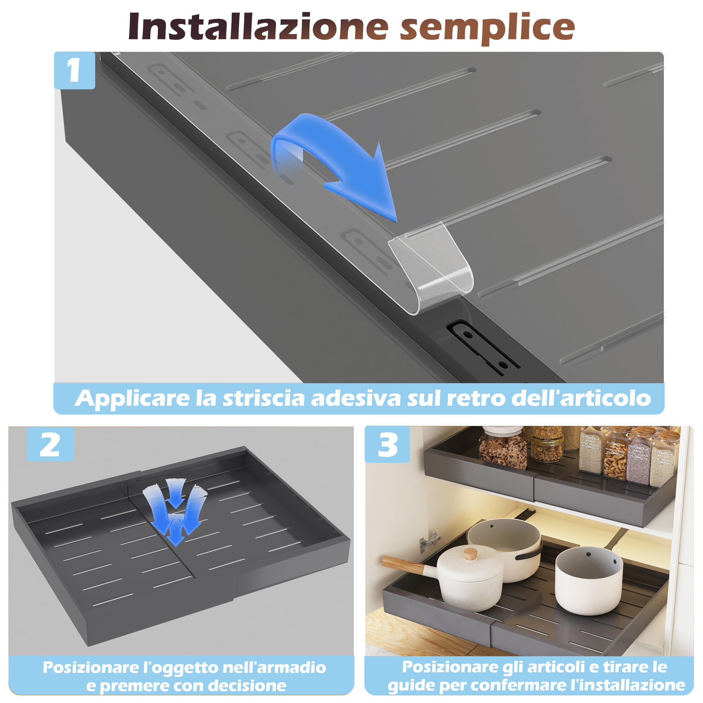 COVAODQ Cassetto Telescopico,Cassetto Scorrevole Estensibile Estraibile con pellicola adesiva,Vassoio Estraibile per Mobile Cucina,Set da 2 pezzi, Grigio