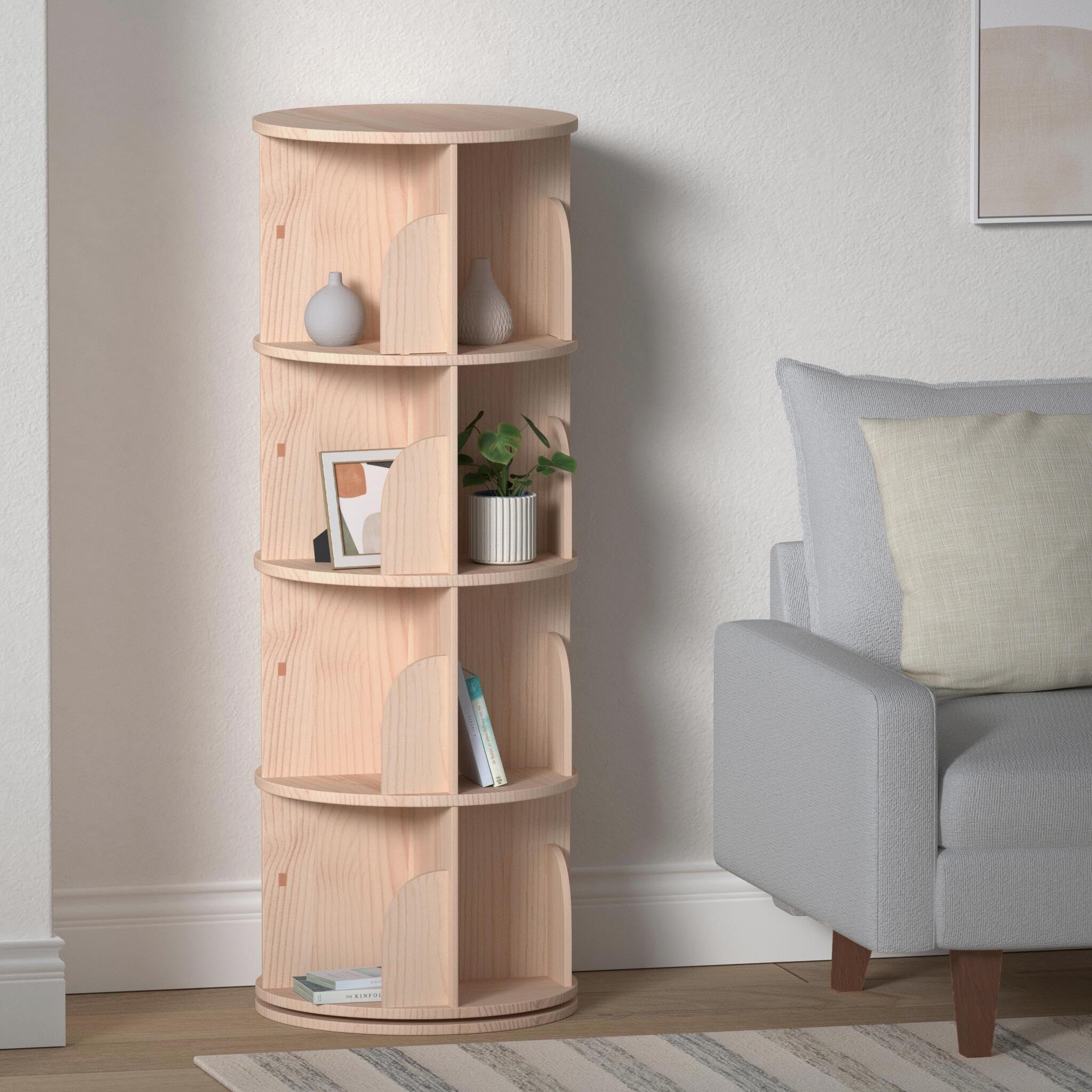 PTUWODS Drehbares Bücherregal 360 Grad Standregal Massivholz (4 Böden)