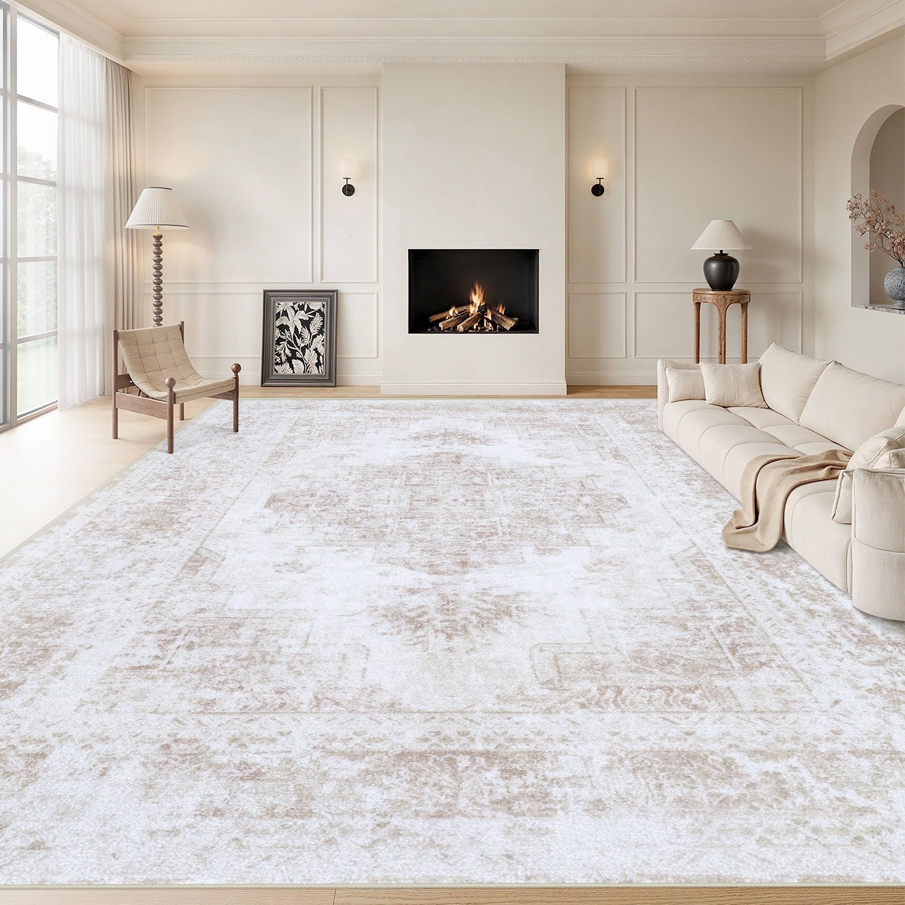 Area Rug 9x12 Living Room Rug, Machine Washable Vintage Distressed Medallion Rug Non-Slip Soft Low Pile Large Indoor Rugs for Bedroom Kitchen Dining Room Office(Beige,9'x12')